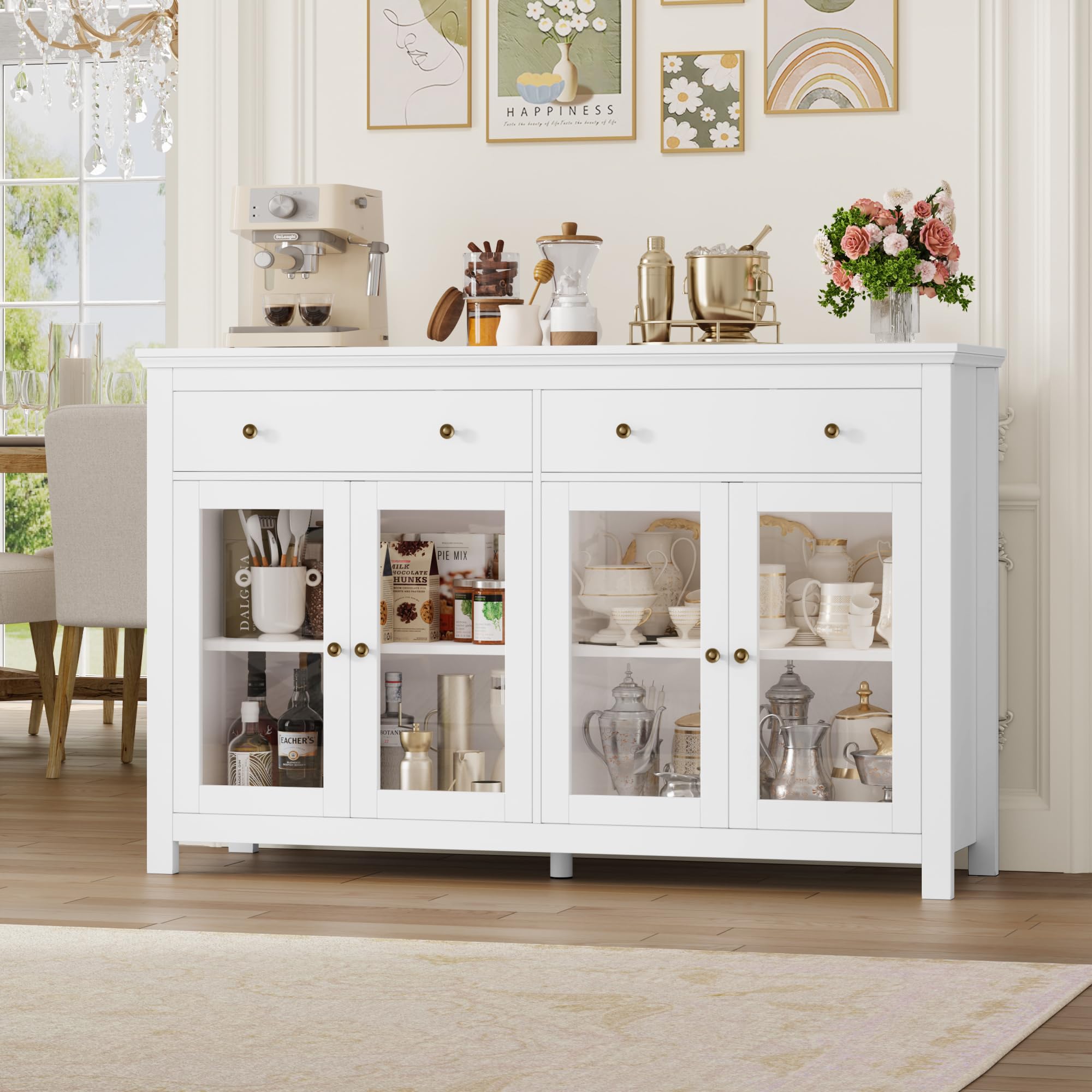 Credenza buffet con portabottiglie da 6 vini cassetto estraibile e ripiani regolabili, Mobile da bar Naturale