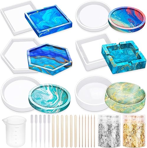 Thrilez - Moldes de cenicero para resina, 6 piezas de moldes de resina con posavasos y moldes de cenicero epoxi, copos de aluminio y tazas de mezcla