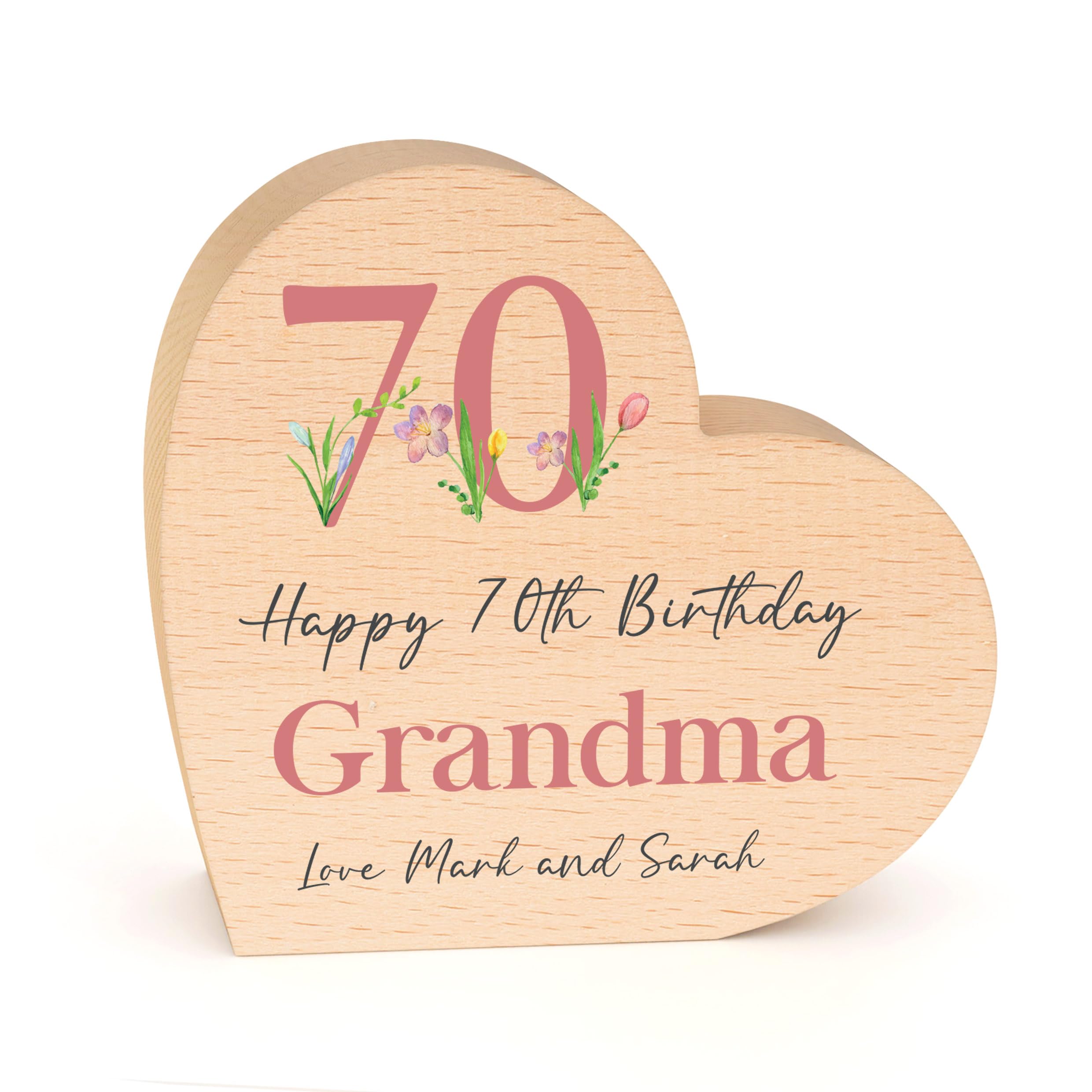 Beecreative Personalised 70th Birthday Gifts For Women - 70th 80th Birthday Gifts For Grandma Nan Auntie Friend - Beech Wooden Heart Keepsake, With Grey Bag