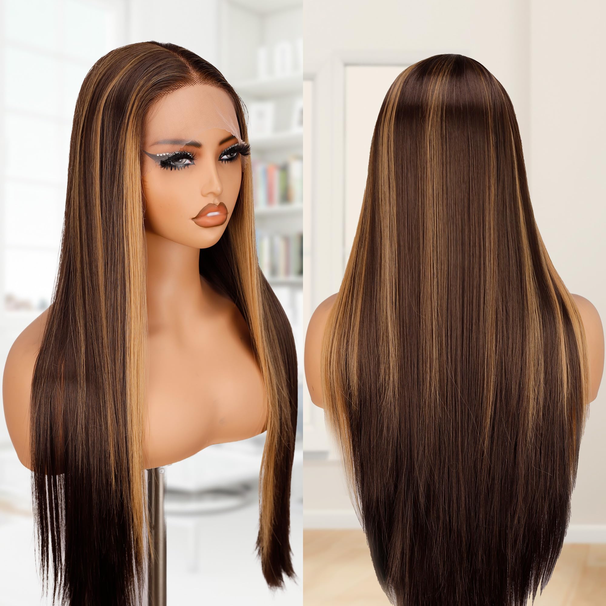 BLL Hightlights Wig Honey Brown Wigs Straight Glueless 30 Inch T Part Wig HD Lace Balayage (Honey Brown 4/30, 30 Inch)
