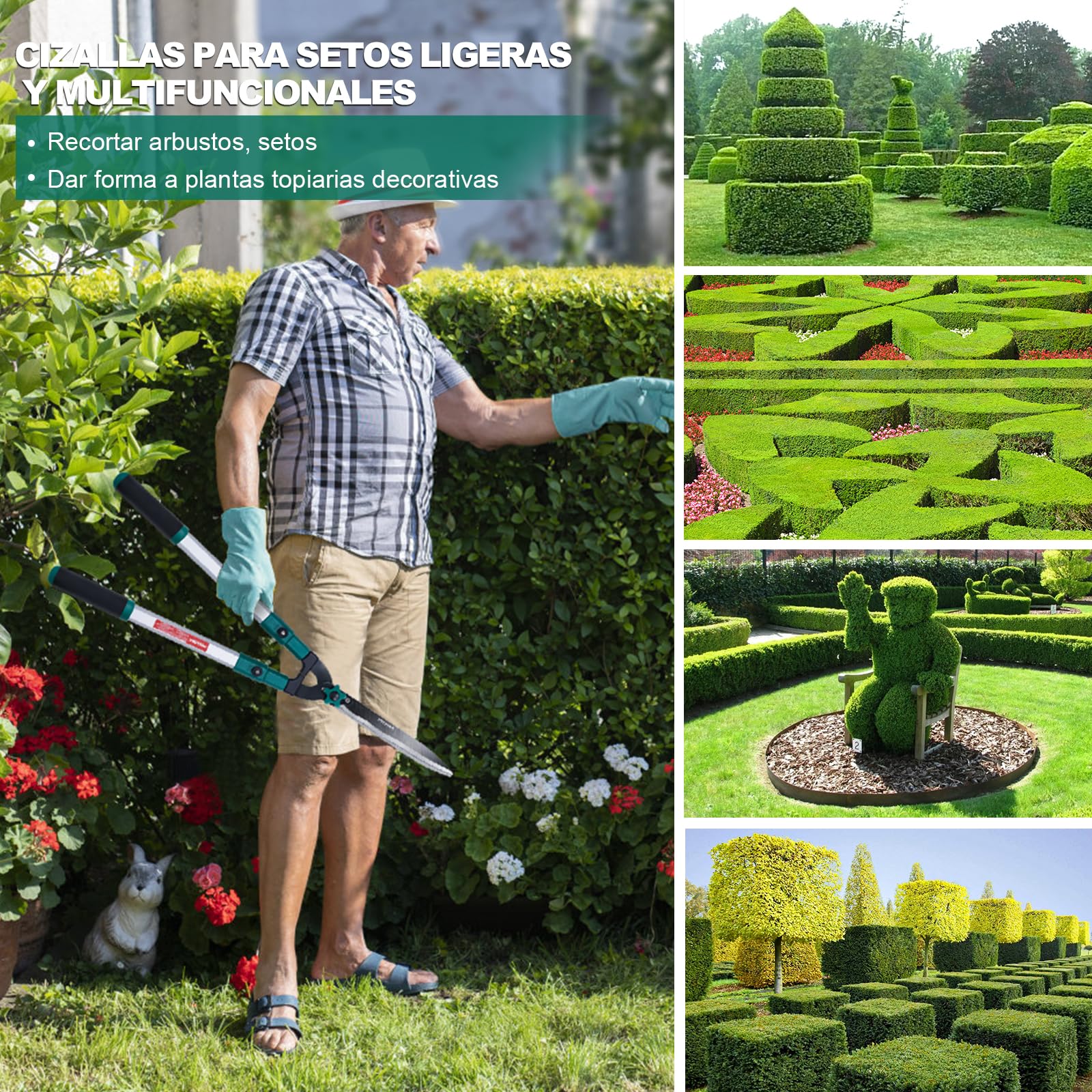 HYCHIKA Tijeras Cortasetos Telescopico Manual 111CM, Tijeras de Podar Cortasetos, Cuchillas de Acero Templado, Hoja de 214 MM, Tijeras Jardin Para Podar Setos y Arbustos