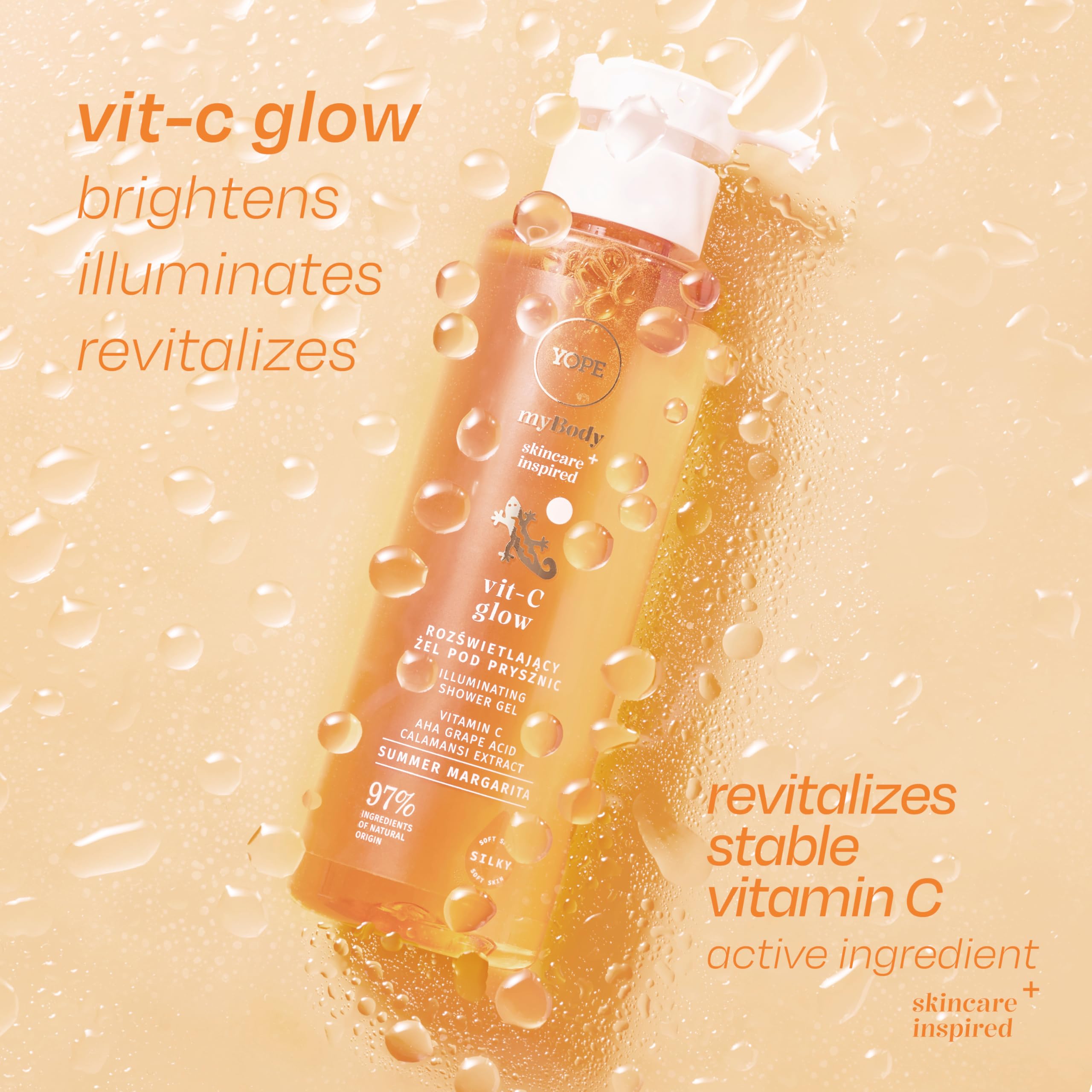 YOPE VIT‑C GLOW myBODY rozjaśniający żel pod prysznic, kwas hialuronowy, kalamansi, winogronowa AHA, sucha i zmarzona, skóra naturalna, wegańska, przyjazna dla środowiska, delikatna formuła, testowany