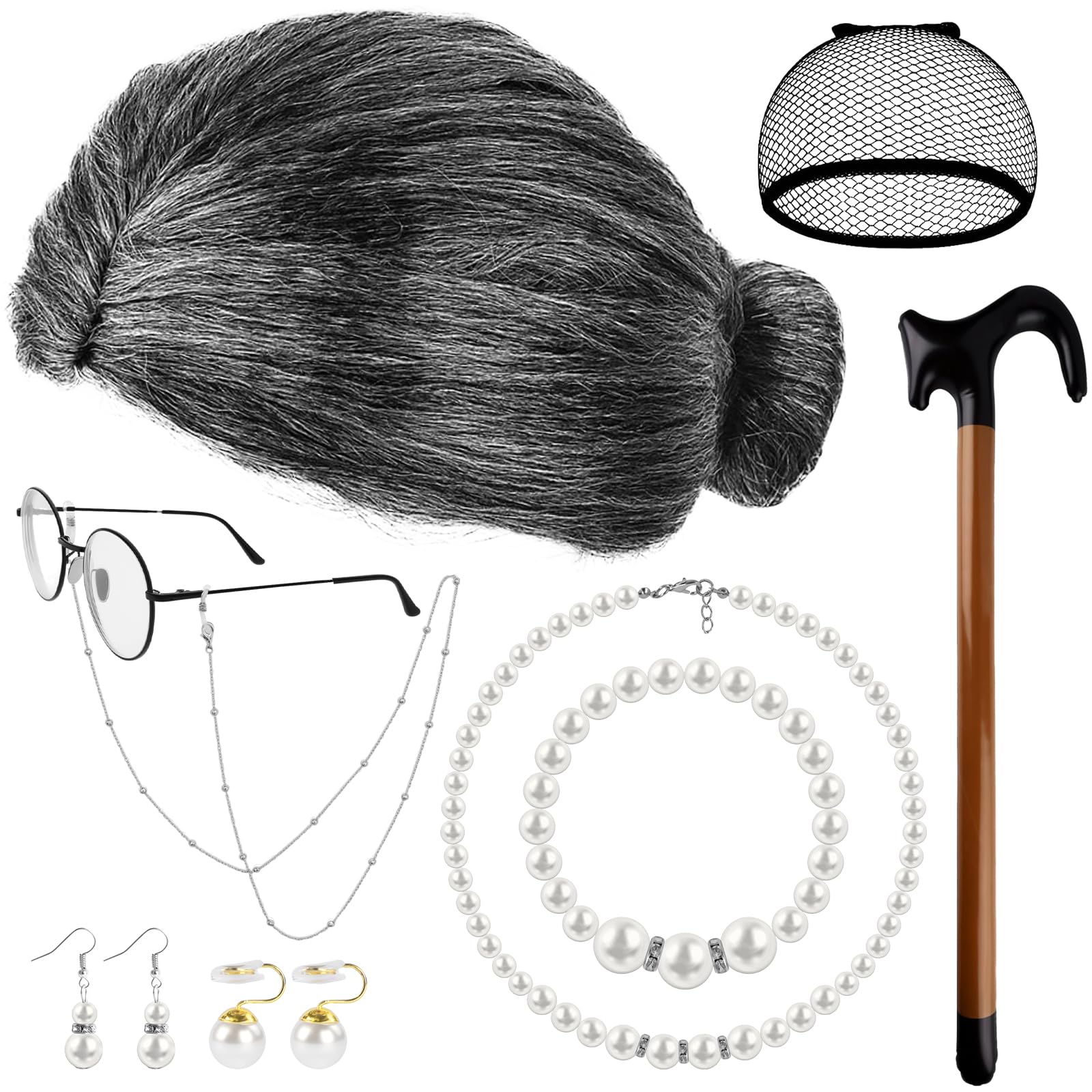 8Pcs Old Lady Costume Set,Grandma Fancy Dress with Granny Wig, Wig Cap, Glasses and Chain, Pearl Necklace Jewellery, Inflatable Cane,Grandmother Cosplay Accessories for Halloween World Book Day — image 1