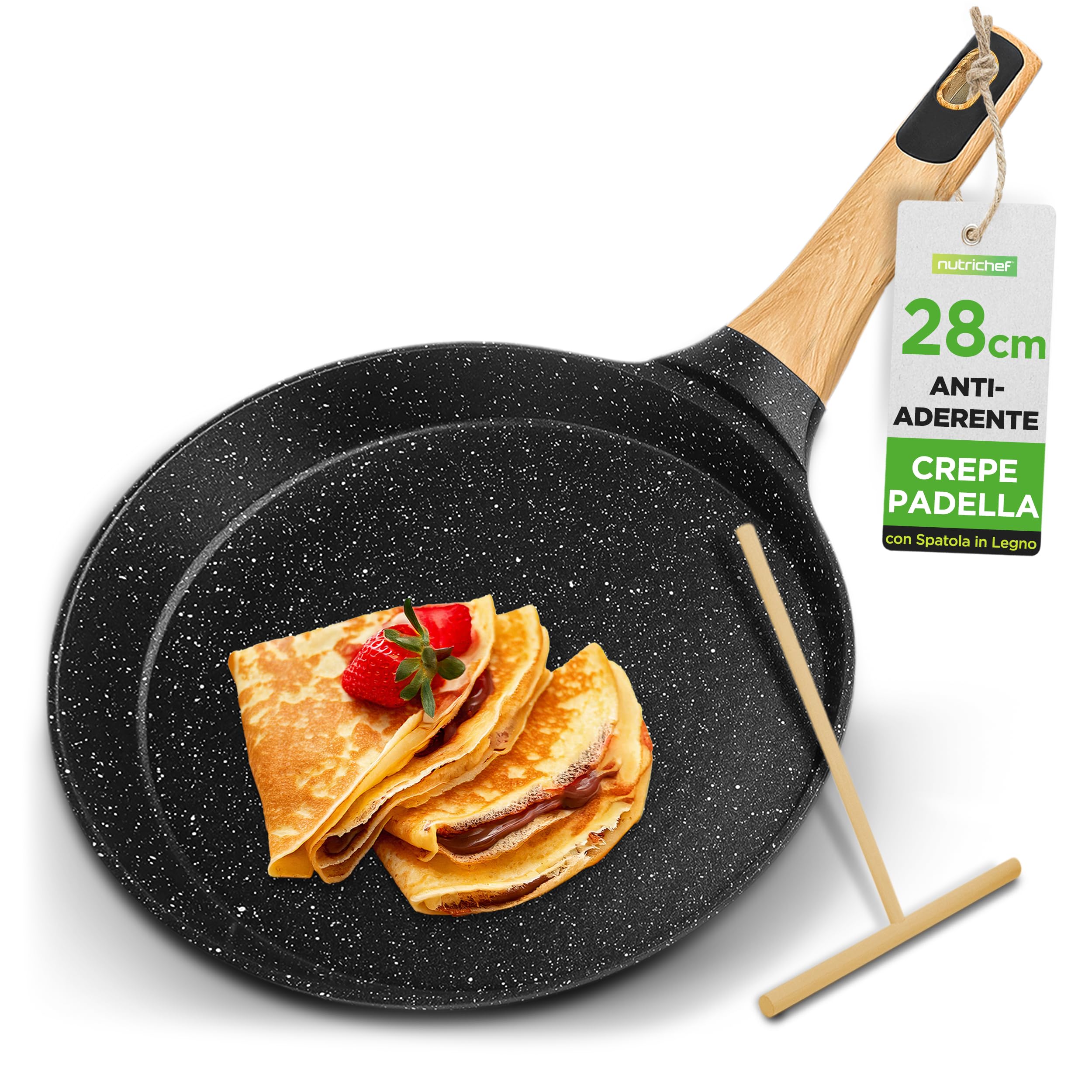 NutriChef Padella per Crepes, Crepiera Antiaderente 28 cm con Spatola in Legno, Rivestimento Marmo, Manico Ergonomico, Fondo Induzione, Ideale anche per Pancake, Bacon e Uova