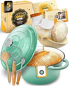 Dutch Oven for Bread Baking - incl. Sourdough Bread-Baking Supplies like Banneton Bread-Proofing Basket - 5QT Enameled Cast Iron Bread-Oven with Lid, Baking Pan, Scoring Tool Lame
