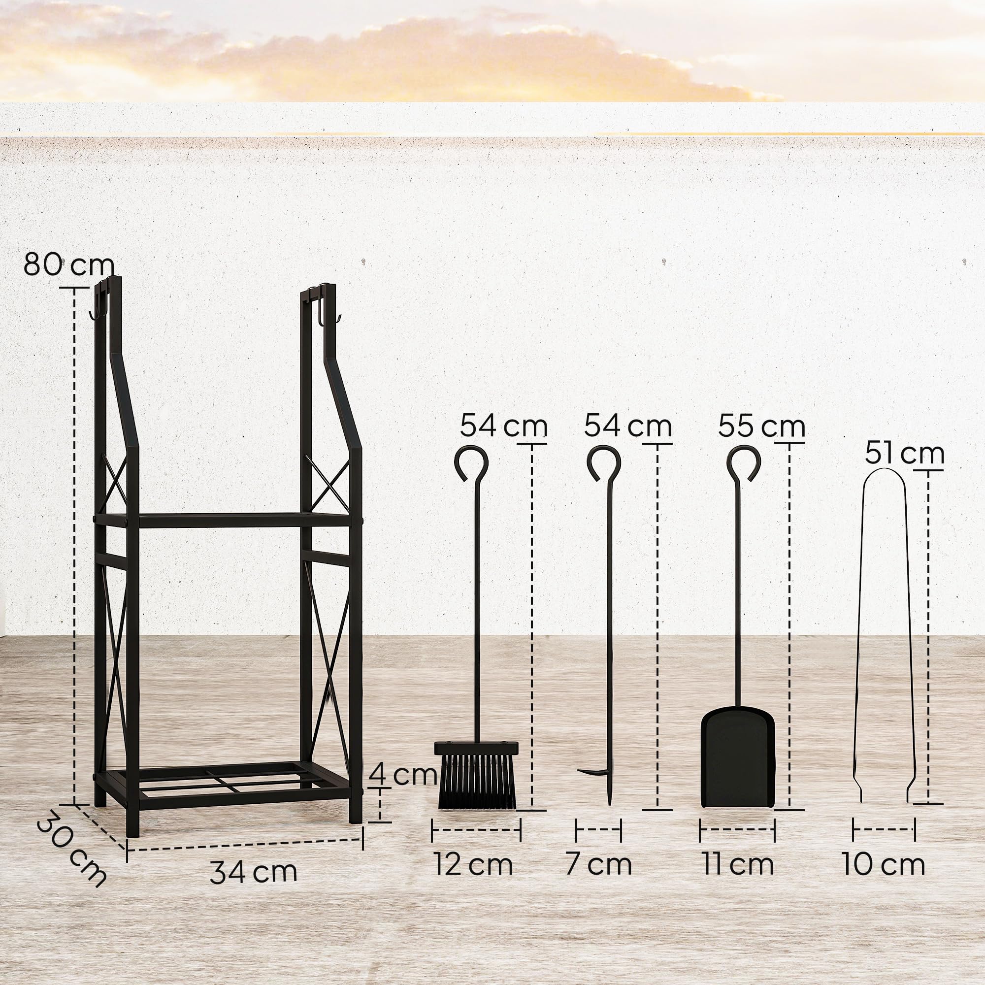 Outsunny Estante de Leña Metálico de Chimenea, Soporte para Leña de 2 Niveles, Leñero Exterior con 4 Herramientas, Ganchos y Base Elevada, para Interior y Exterior, 34x30x80 cm, Negro