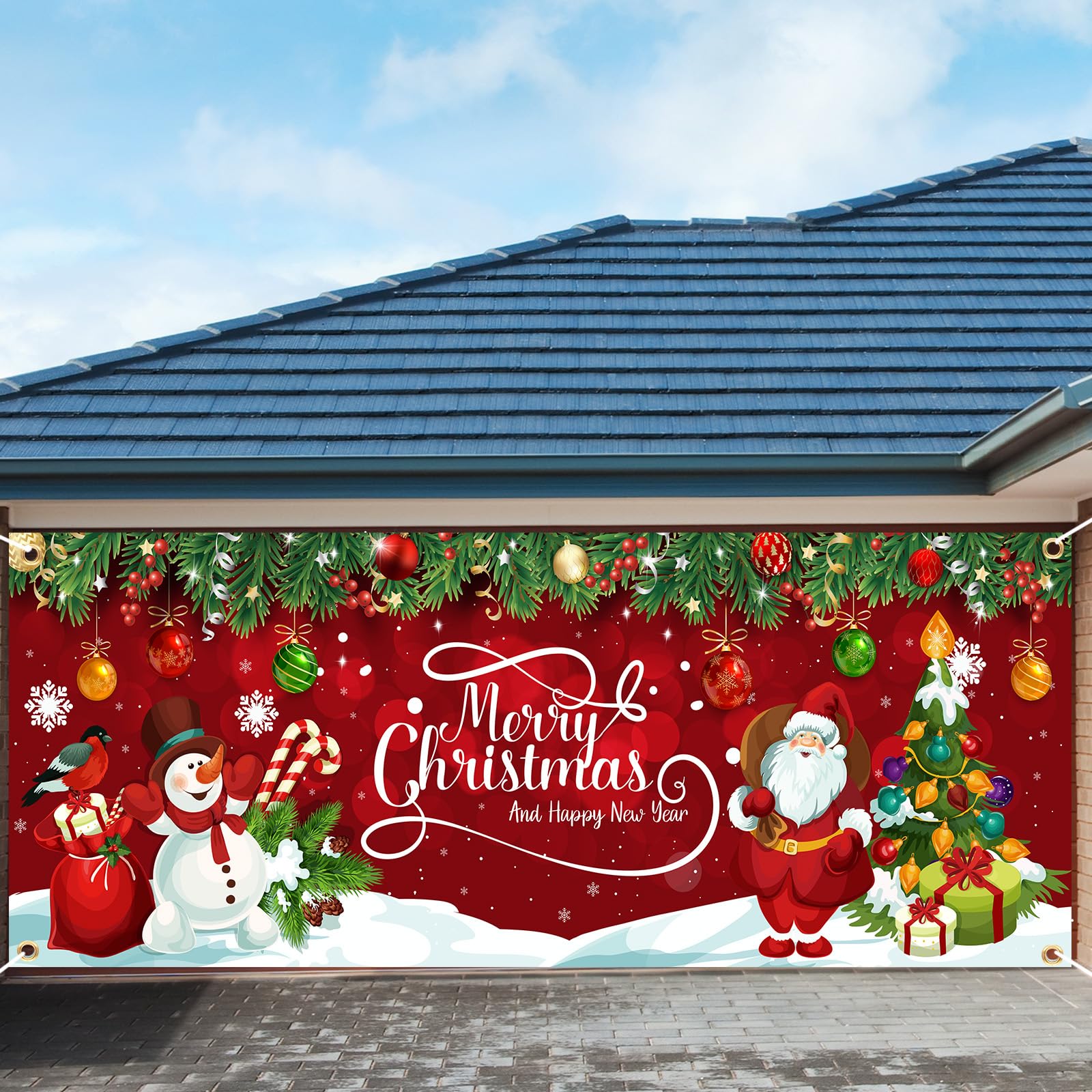 Pancarta de Navidad para puerta de cochera, decoración grande de Papá Noel, muñeco de nieve, cubierta de puerta de garaje, fondo de fotos de pared de Navidad, puerta de garaje, decoración al aire