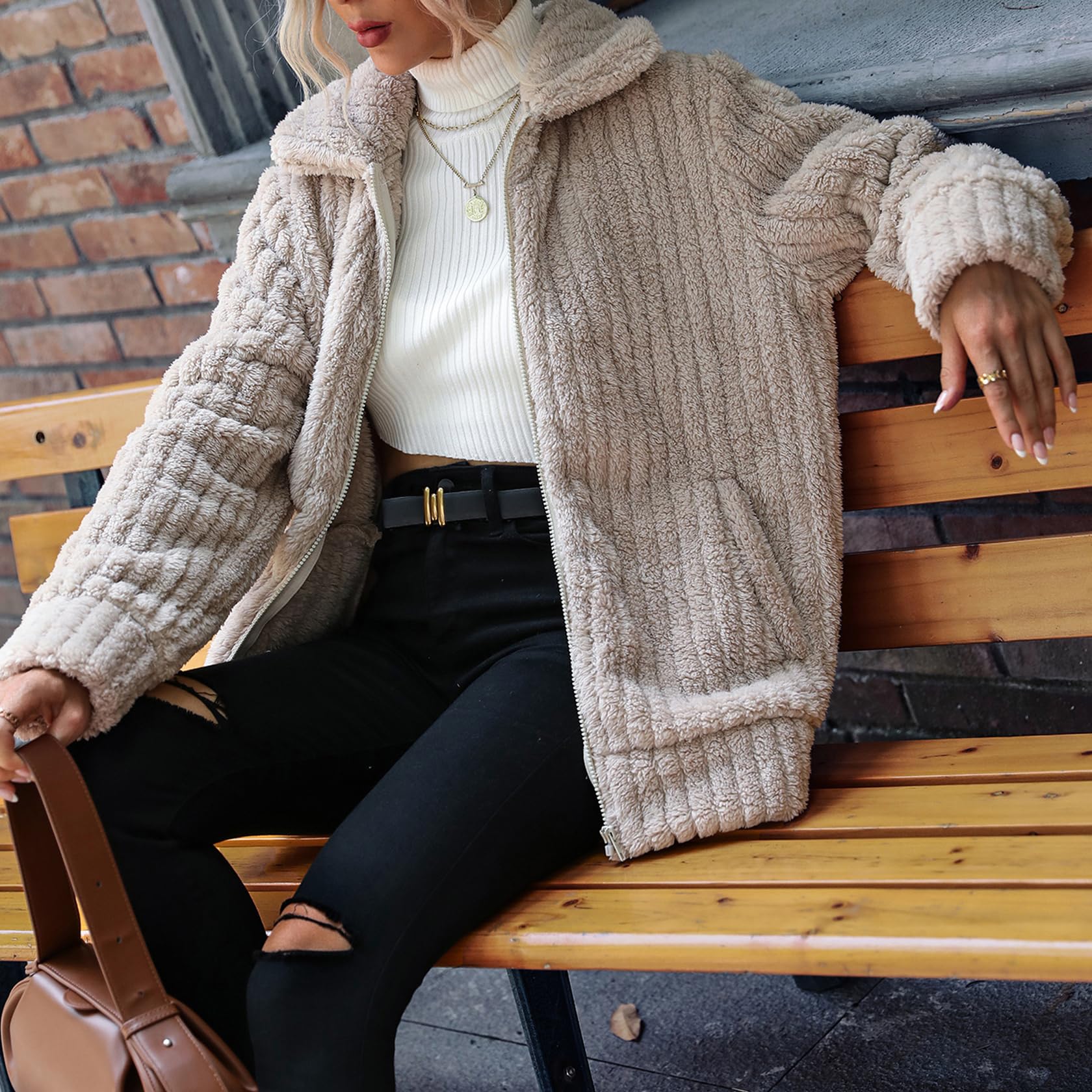 Vipwest Giacca da donna in pile Sherpa con cerniera intera, a maniche lunghe, con risvolto e tasche (S-5XL), Albicocca scura, XX-Large