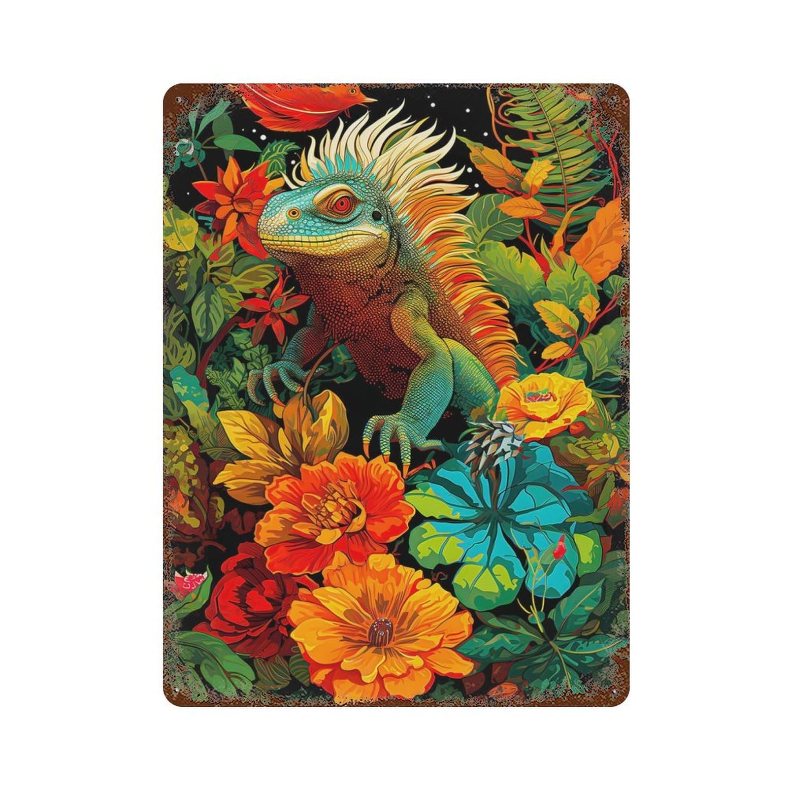 Lizard Wild Flowers Rusty Metal Tin Sign 15.7"x11.8", Ideal for Shed, Workshop And Garage Wall Decor