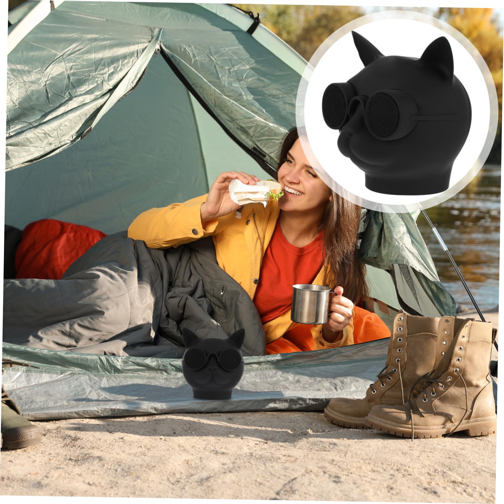 LABRIMP Mini-Enceinte en Plastique Forme Tête de Chat Noire sans Fil Haut-Parleur Rechargeable 1500mah pour Usage Extérieur et Portable
