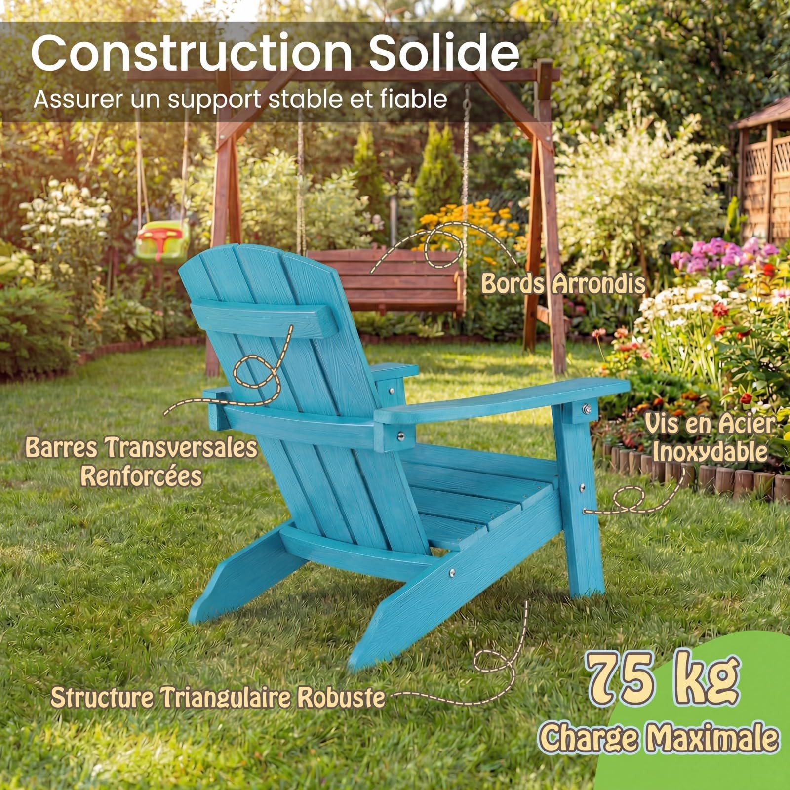 COSTWAY Chaise Adirondack Enfant en HIPS, Fauteuil de Jardin Extérieur avec Accoudoirs et Assise Ergonomique 105°, Charge 75kg pour 3-8 Ans pour Jardin Piscine Terrasse, 55,5x51x56cm (Turquoise)