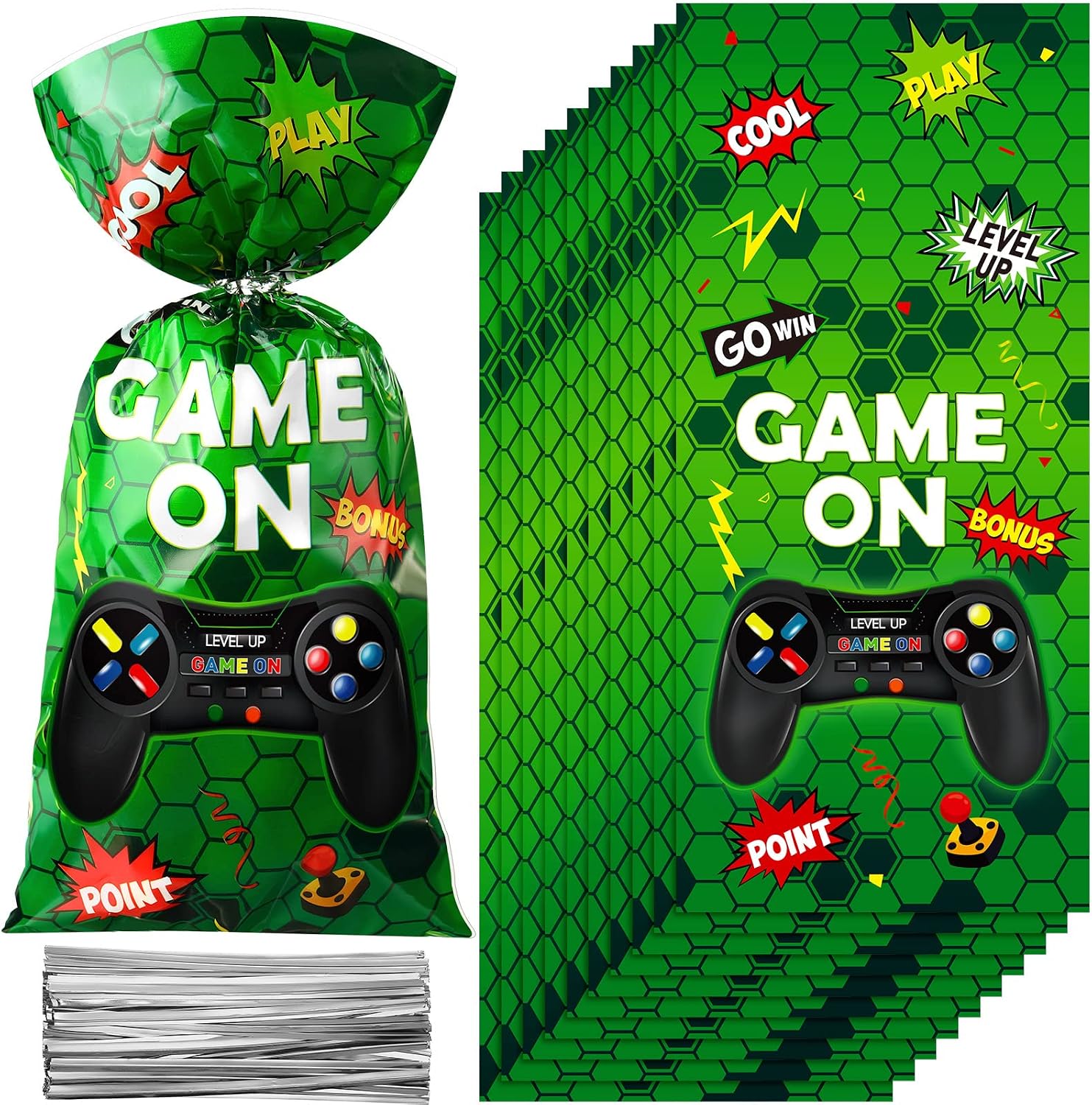 Pajean 100 Pcs Video Game Loot Bags for Birthday Party Favors, Green