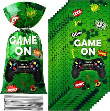 Pajean 100pcs Video Game Plastic Loot Bags Game on Favor Goody Candy Treat Bags for Themed Birthday Party(Green)
