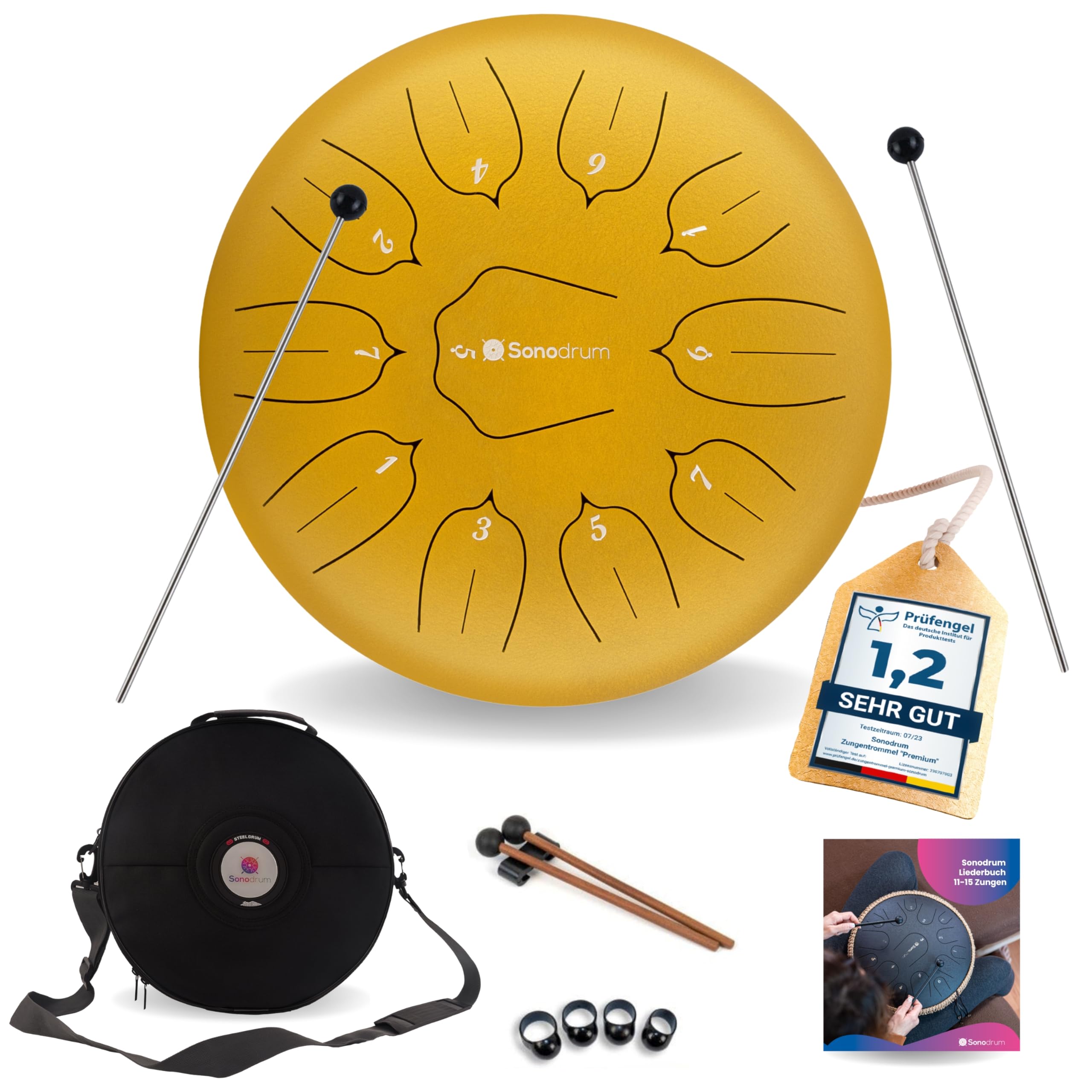 Zungentrommel "Standard" D - Dur in Gold - 30 cm groß mit 11 Tönen - Steel Tongue Drum inkl. Liederbuch, Schlägel, Fingersticks und Tragetasche - Notenlesen nicht nötig, einfach zu spielen.