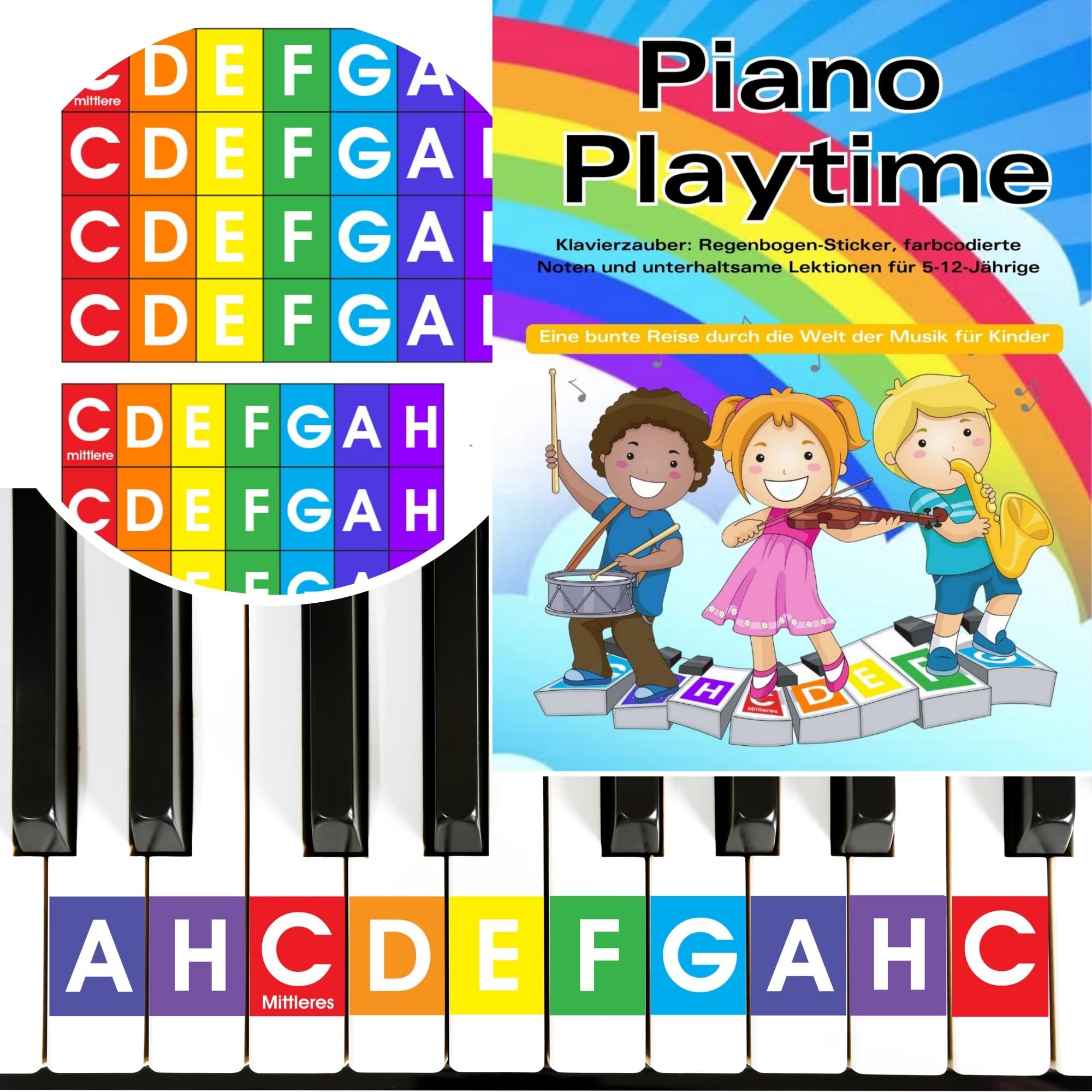 QMG Rainbow Coloured Piano and Keyboard Stickers and Children Piano Learning Book Easy to Follow Instructions and Easy Piano Notes for Children Beginners Piano Book for Children