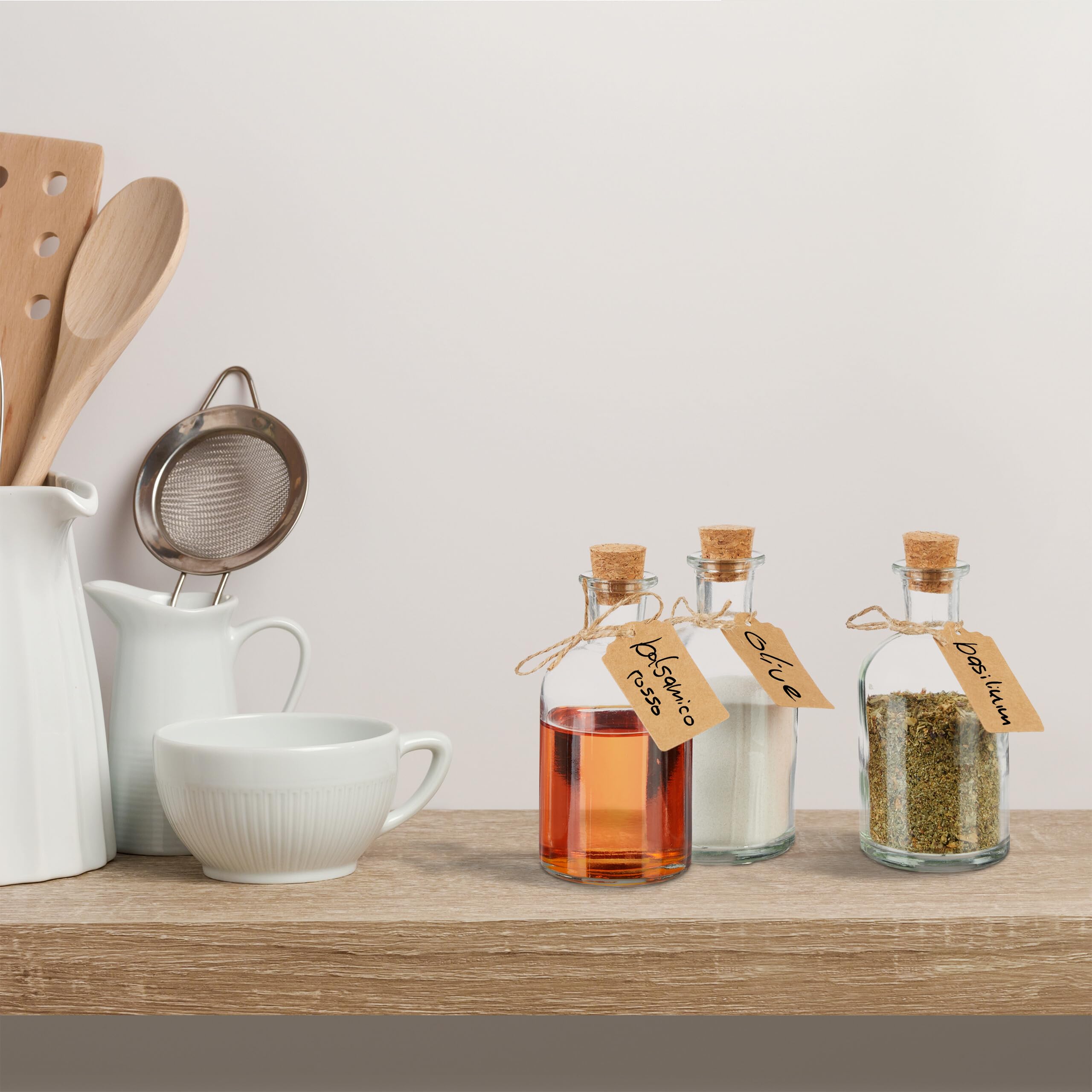 Relaxdays Mini Bouteilles, Lot de 24, Petites fioles, Bouchon de liège, 125ml, à remplir, étiquettes, Transparent/Nature
