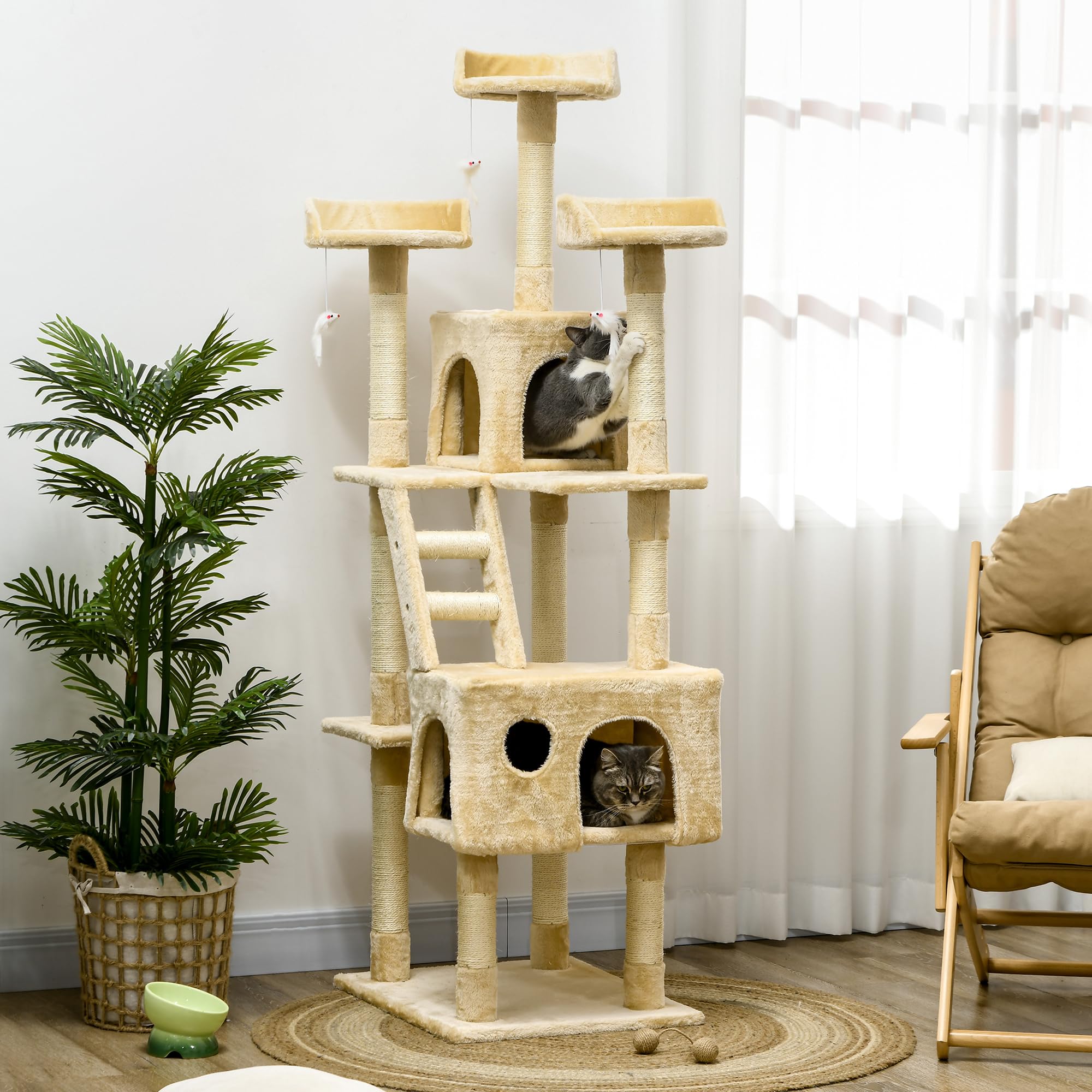 PawHut Rascador Árbol para Gatos Grande 60x49x180 cm con Poste de Arañar Múltiples Plataformas Escaleras Cuevas Juguetes Centro de Actividades Beige