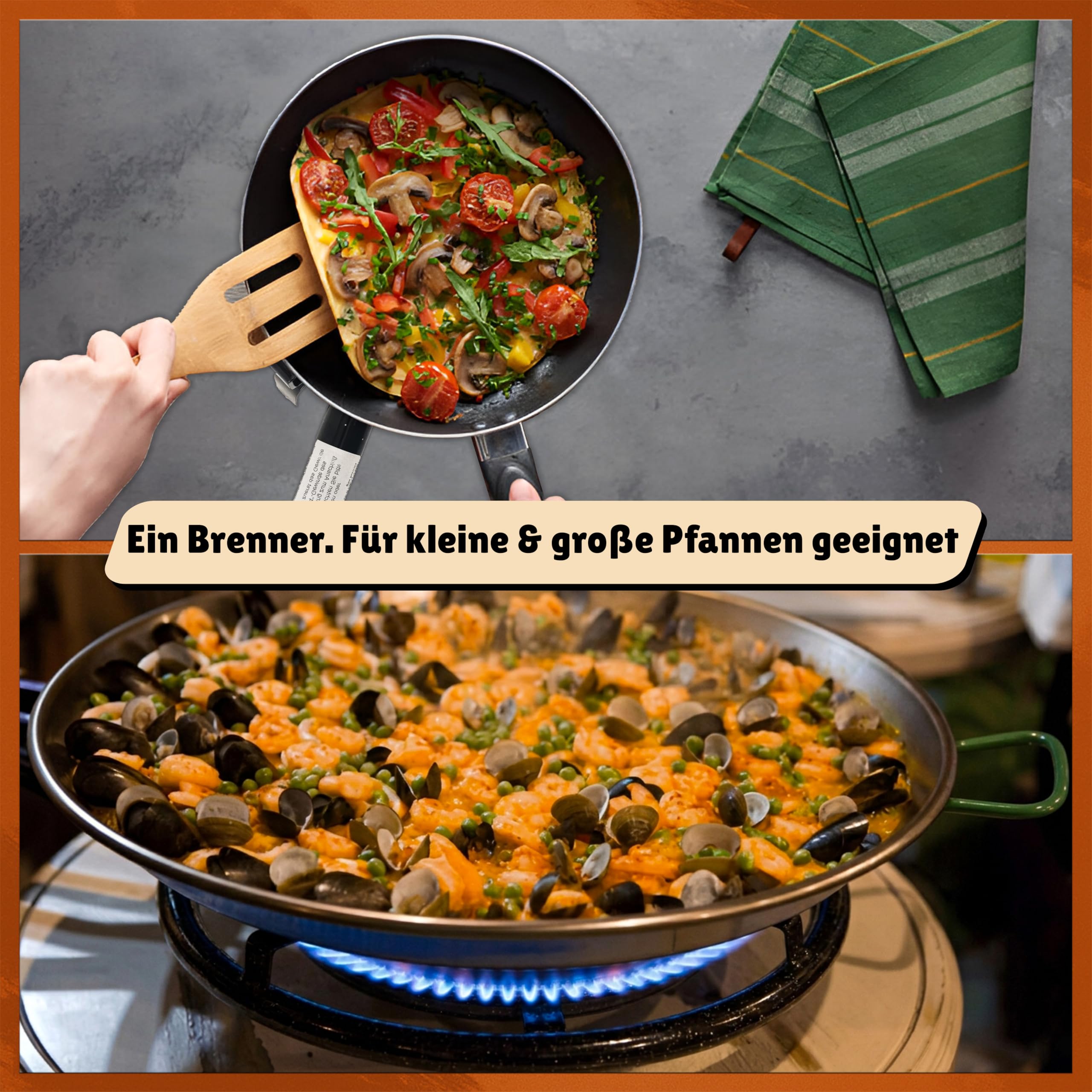 38cm Outdoor-Gasbrenner 17,5 kW für Grill und Paella-Pfannen mit Druckregler 50 mbar und 1,5 m Gasschlauch - Doppel-Flammenringe, niedriger Gasverbrauch von Optimgas