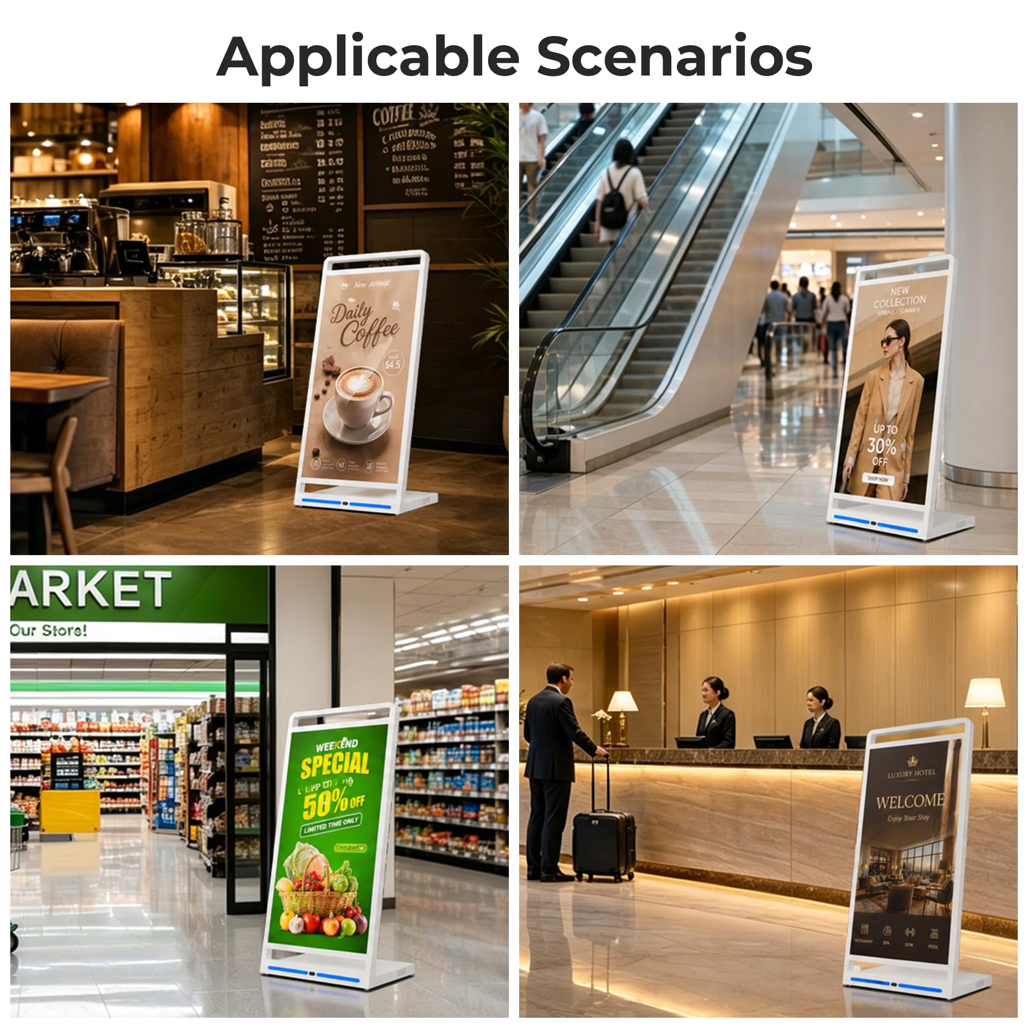 Totem Pubblicitario Digitale in L Bianco 43", Schermo Pubblicitario con Batteria 10h, Display LCD da Interno 800 Nits con Android e CMS, per Centri Commerciali