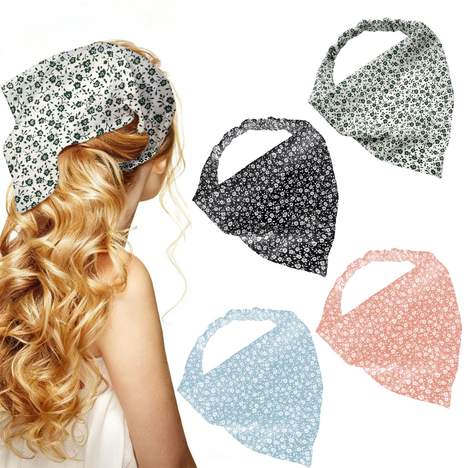 OBSEWAU 4PCS Bandana Headband, Flower Hair Bandanas for Women, Floral Bandanas Headband Elastic Head Scarf Boho Headbands Chiffon Cute Headscarf for Women Ladies Girls Elastic Hair Accessory