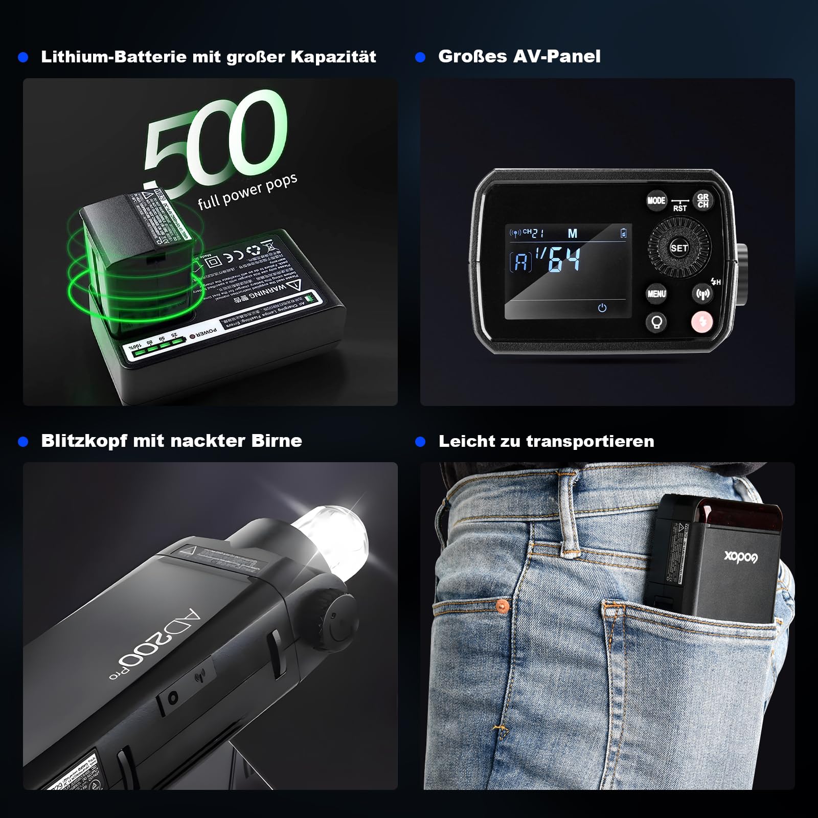GODOX AD200Pro II Flash de cámara AD200 Pro II 500 Flash de Potencia Completa 2.4G TTL 200W Flashes de Bolsillo HSS 1/8000s LED luz de Modelado con BD-07II Barn Door Honeycomb、AD-E2 Soporte