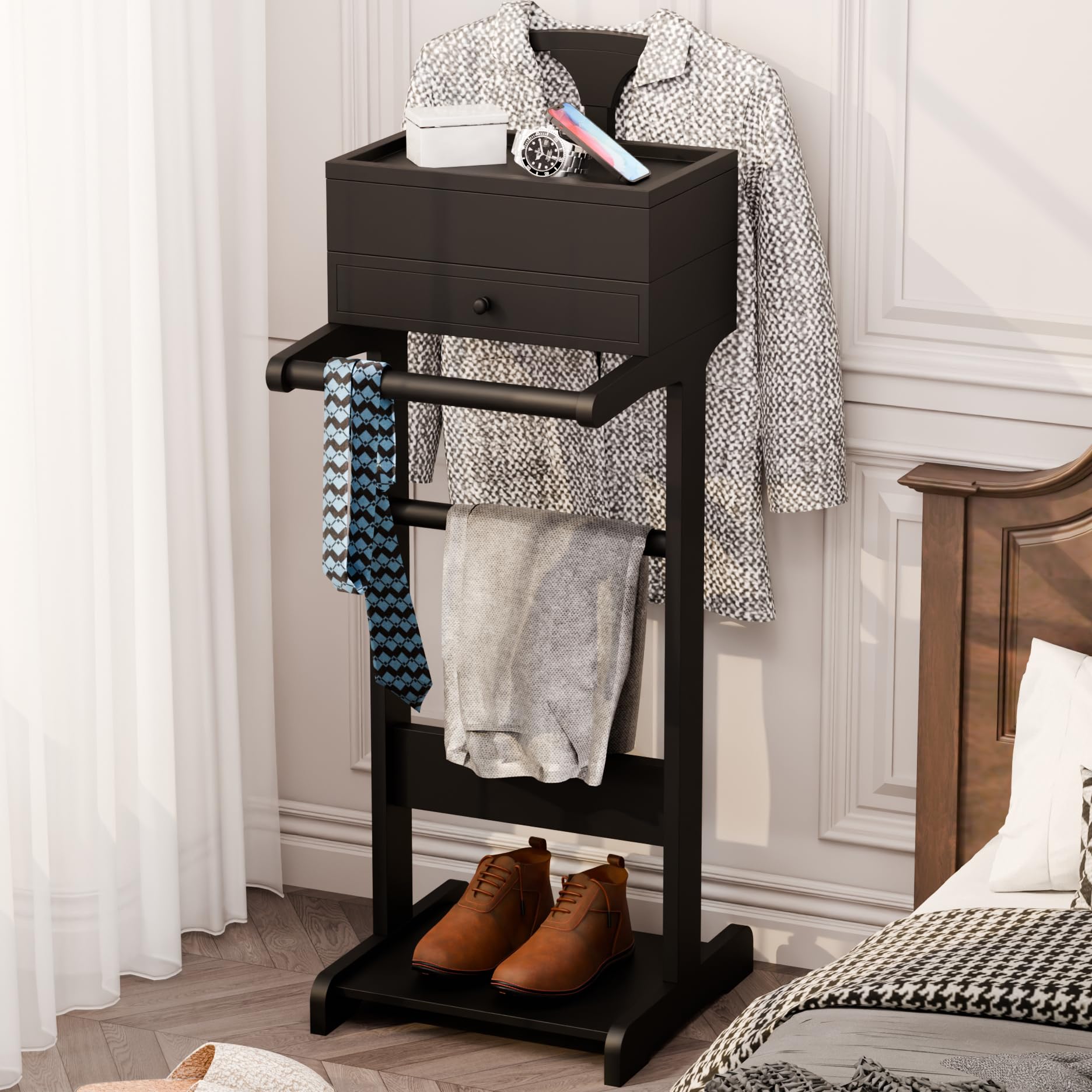 mens valet stand with top tray organizer shoe shelf and suit rack wooden clothes valet stand for bedroom entryway black