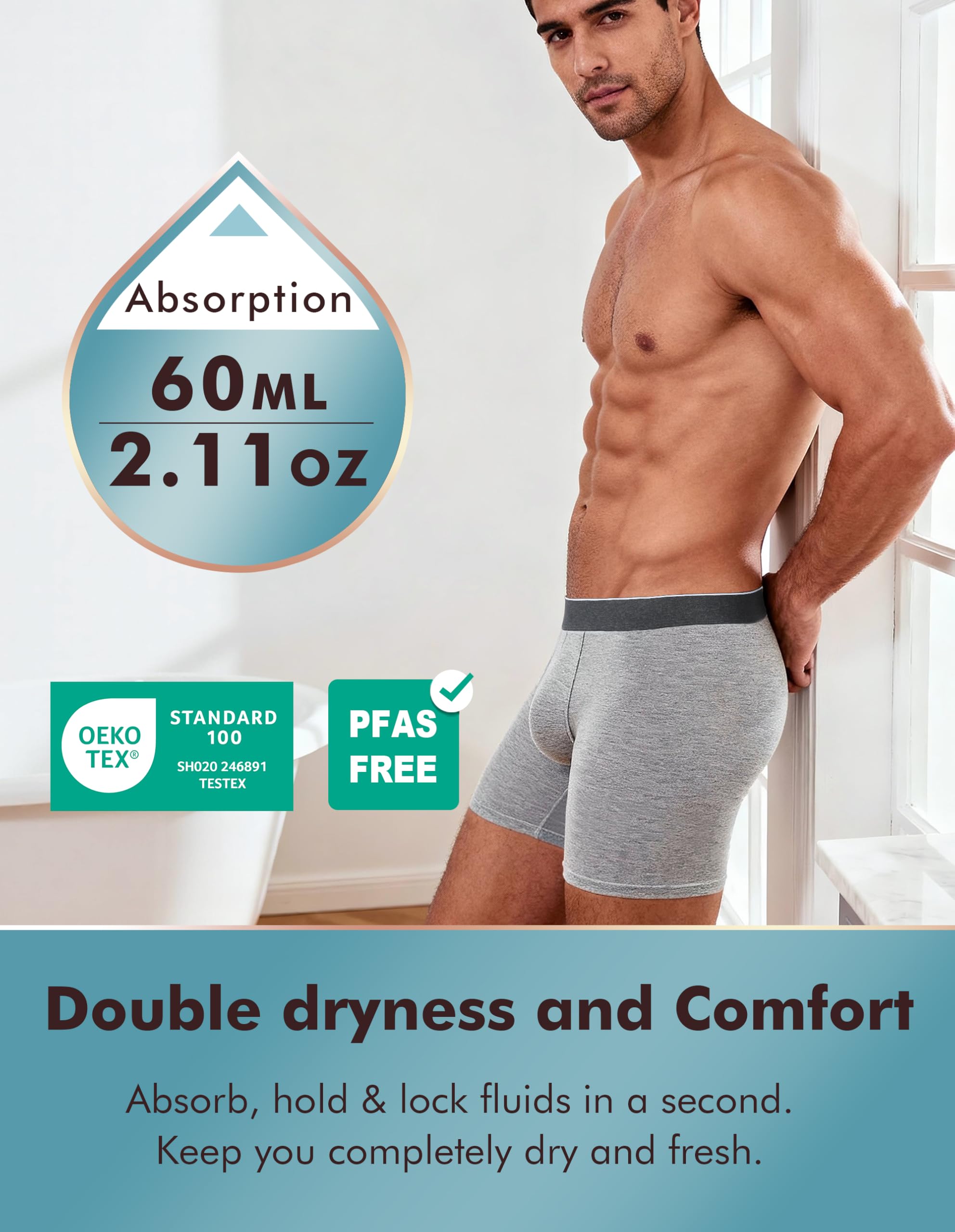 AIRCUTE Ropa interior de algodón lavable para incontinencia urinaria para hombres, entrepierna de 6 pulgadas, calzoncillos tipo bóxer para fugas de vejiga, paquete de 3