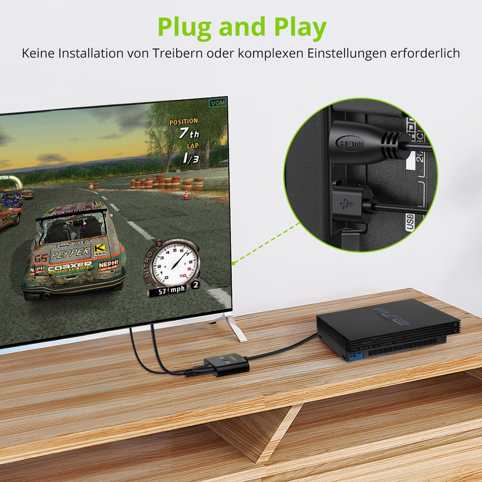 LiNKFOR PS2 auf HDMI Adapter 1080P – HDMI Adapter für PS2 Konsole, mit RGB/YPbPr Umschalter & 4:3/16:9 Seitenverhältnis, Plug & Play Komplettset