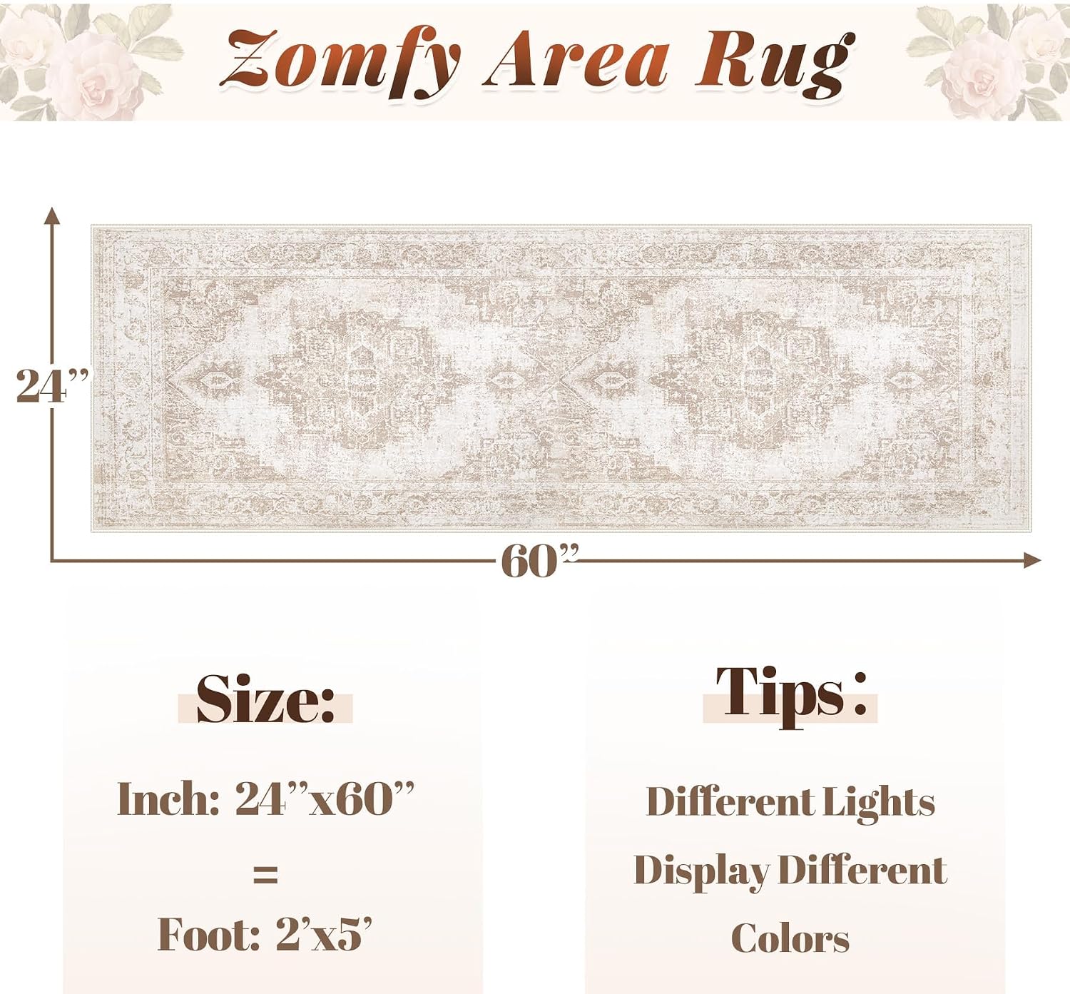 Runner Rug 2x5 Hallway Runner Rugs: Washable Vintage Kitchen Area Rug Medallion Distressed Rugs Non Slip Soft Low Pile Indoor Floor Carpet for Living Room Bedroom Bathroom Laundry(Beige, 2'x5')