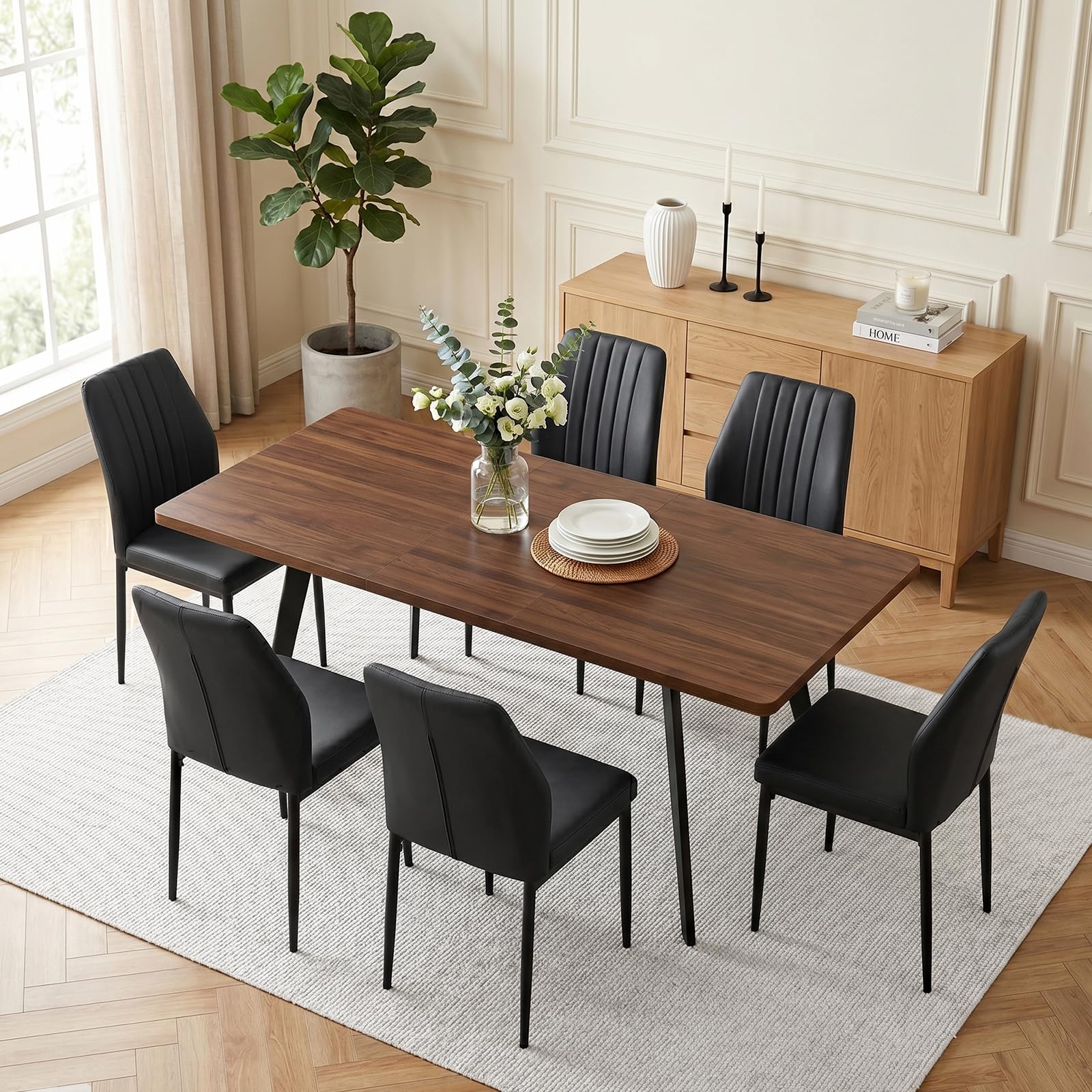 JIEXI Ausziehbares Esstischset mit 6 Stühlen, platzsparender Tisch aus MDF-Holz und stabilem Metallgestell, perfekt für Esszimmer, Küchen und Wohnungen – Tisch aus Eiche + Stühle aus grauem Samt