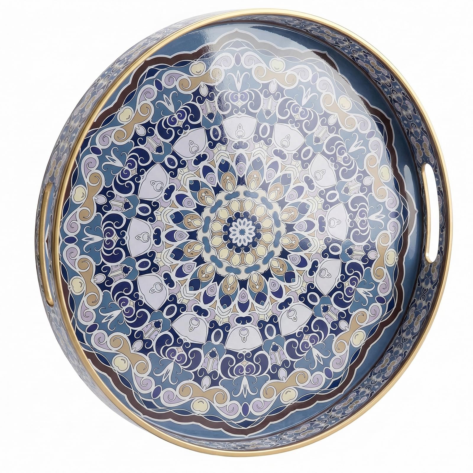 Simmer Stone Round Decorative Tray, Plastic with Handles, Modern Vanity and Serving for Ottoman, Coffee Table, Kitchen and Bathroom, Size 13 INCH (Blue Purple Pattern) โ image 1