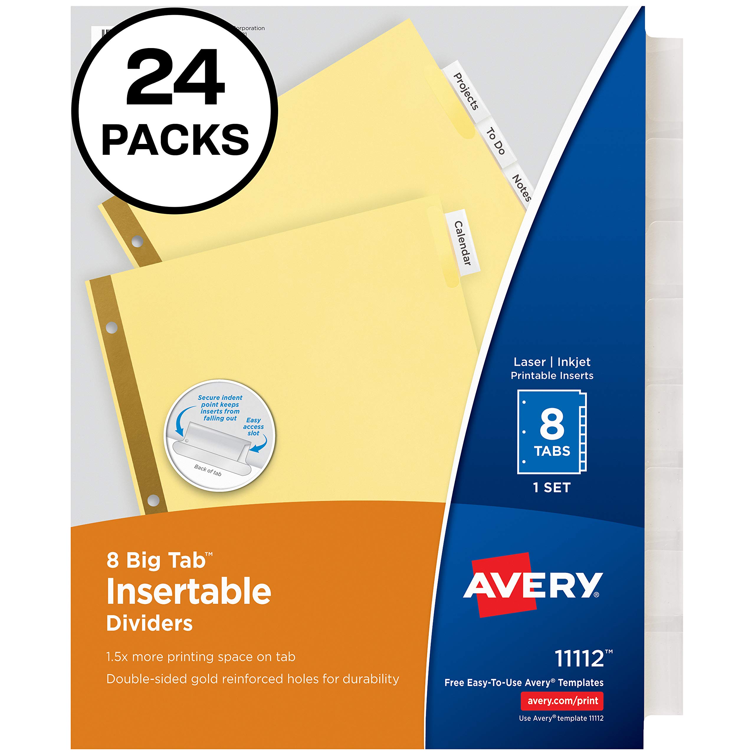 8-Tab Binder Dividers, Insertable Clear Big Tabs, 24 Sets, 2 Packs (11115)
