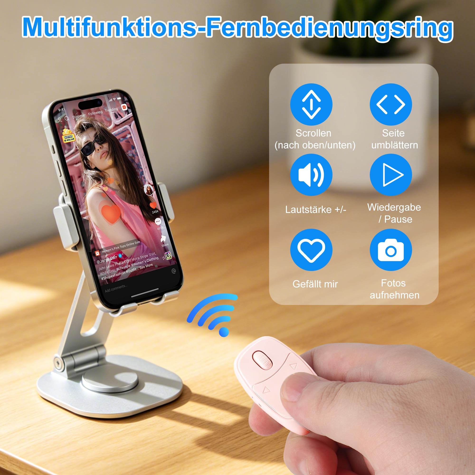 TikTok - Mando a distancia inalámbrico Bluetooth, anillo de desplazamiento recargable con funda de carga, vídeo corto remoto, disparador de cámara, libro electrónico PPT, giro lateral para smartphone
