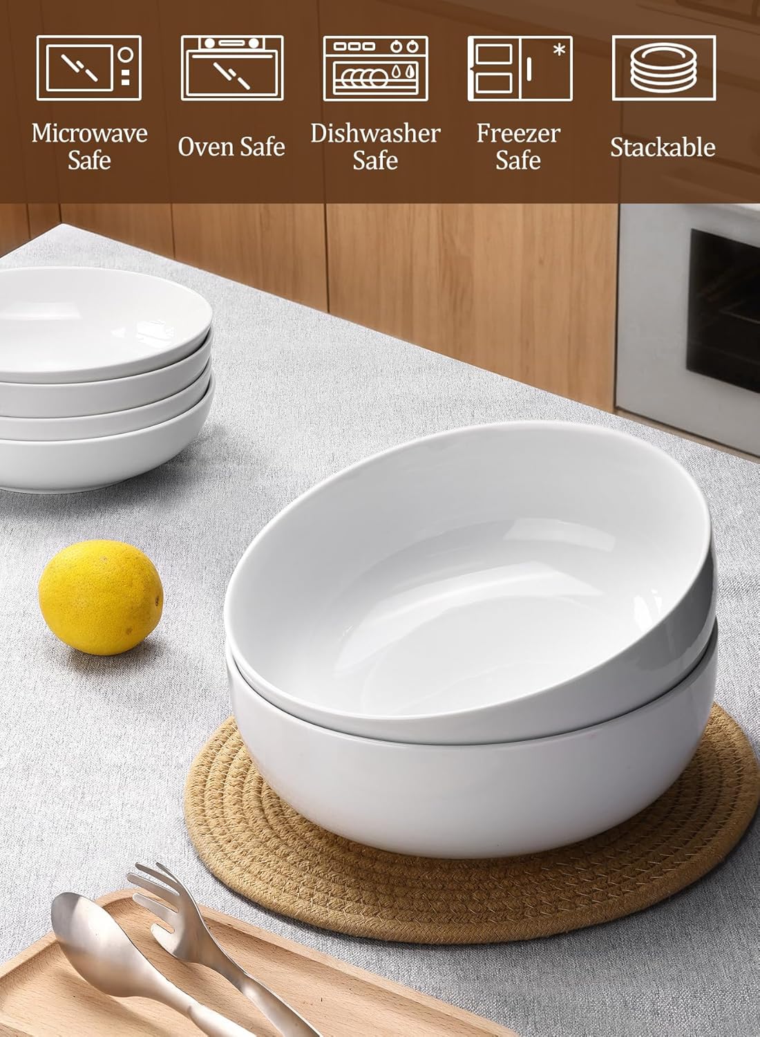 Yedio Pasta Serving Bowls 120 Ounce 9.7” Large Serving Bowls, Porcelain Salad Bowls for Kitchen, Big White Soup Bowls, Oven Dishwasher Safe, Set of 2