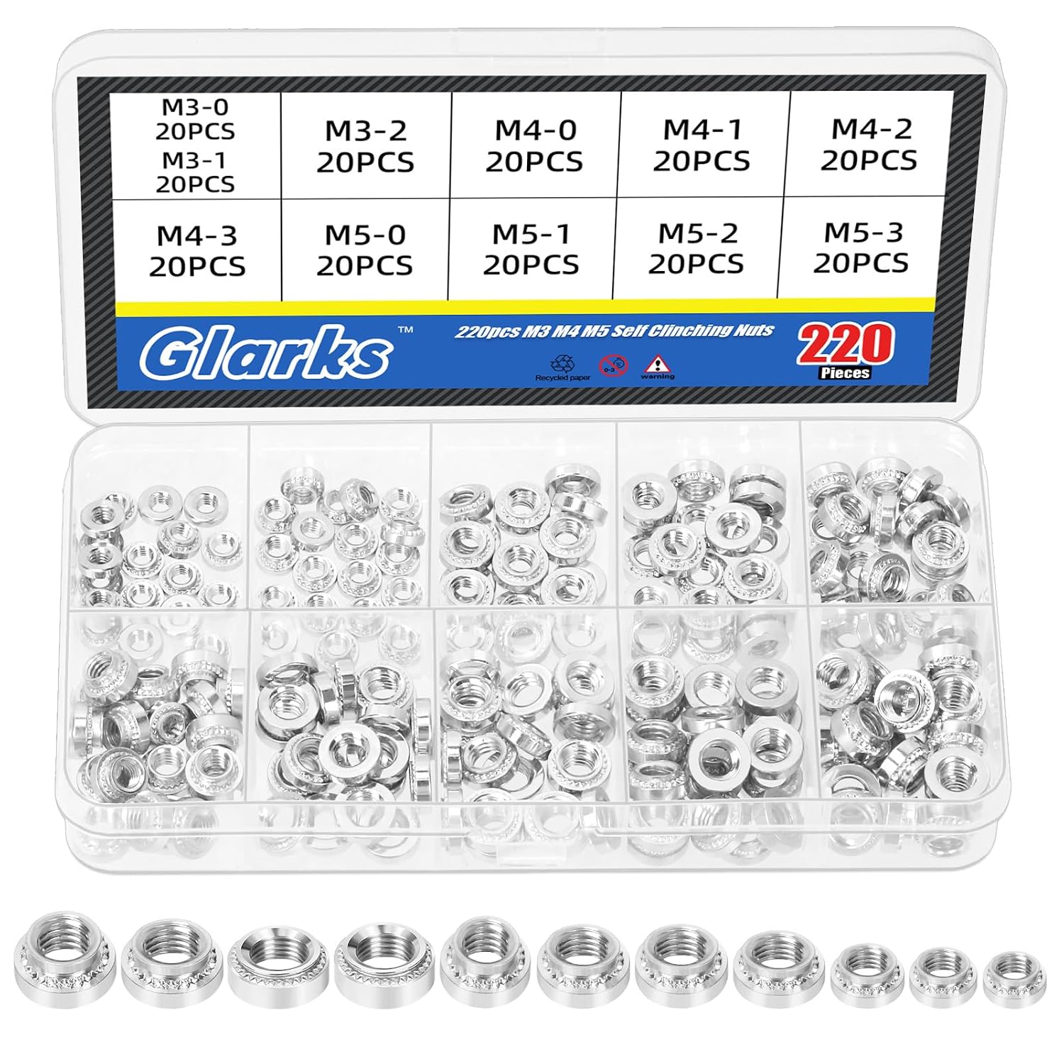 Glarks 220pcs M3 M4 M5 Self Clinching Nuts Kit, 304 Stainless Steel Round Head Rivet Nut, Knurled Self-Clinching Nut Fastener for Machinery Electrical Products, Industry
