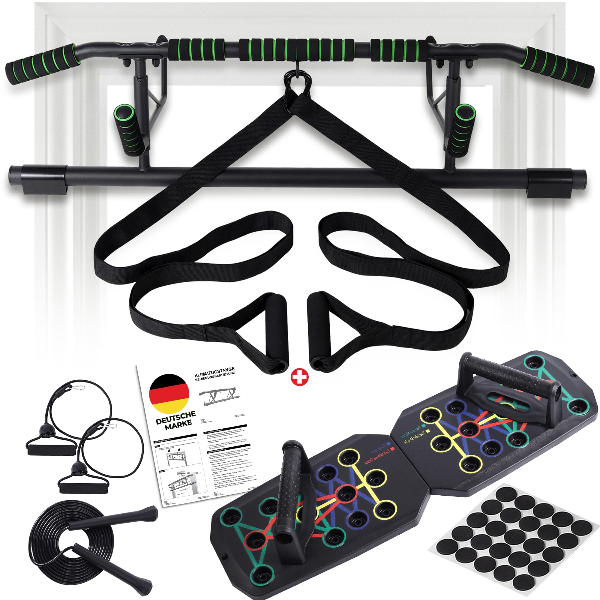 Mirbex® Klimmzugstange für Türrahmen mit Liegestützbrett Home Gym Set | Push Up Board & Pull Up Bar ohne Schrauben – Fitnessgeräte für Zuhause