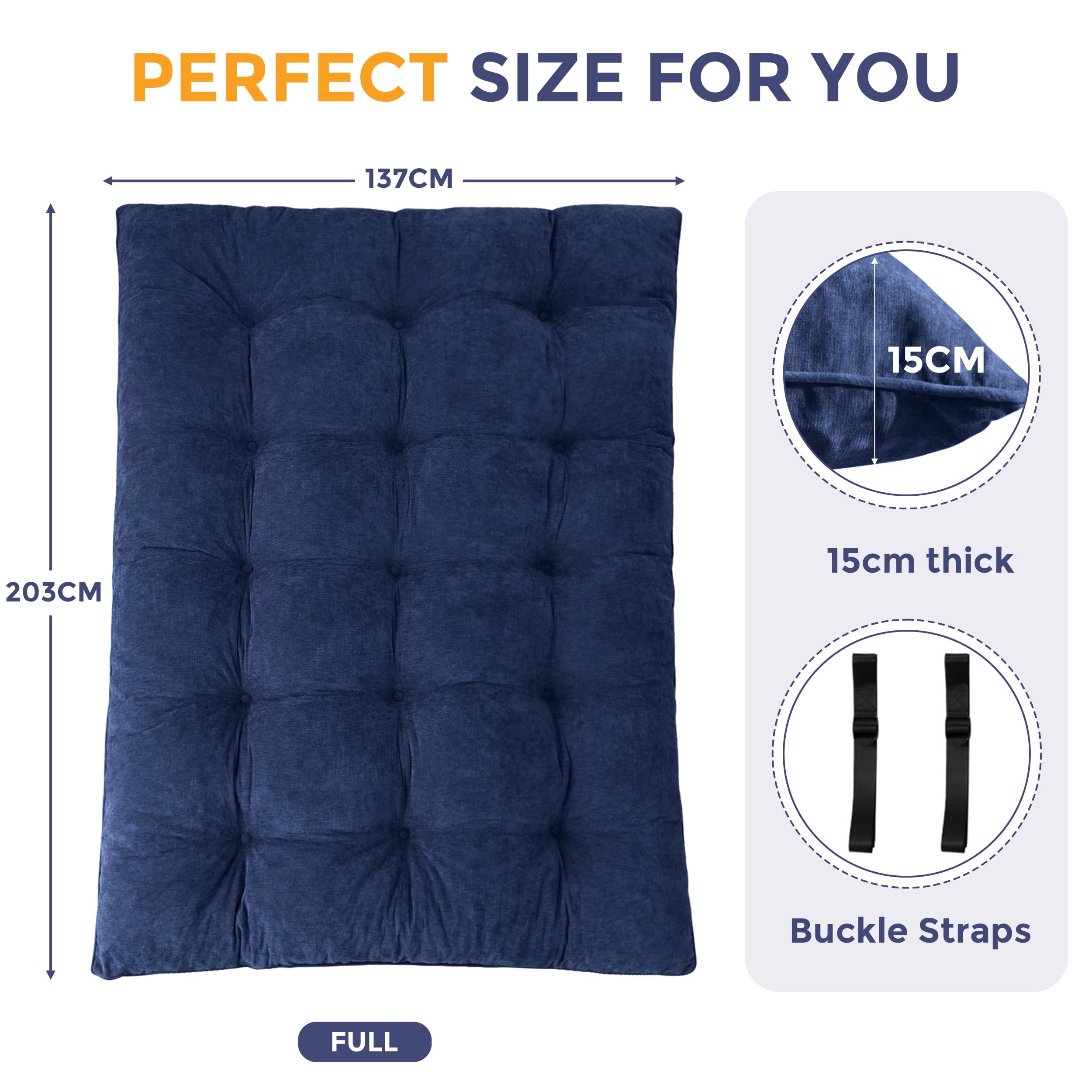 MAXYOYO Matelas Futon 2 Places Épais 15CM Garnissage en Mousse Déchiquetée, Tissu Chenille avec Boutonné Design, Enroulable Matelas de Sol/Futon Pliable Pratique (Cadre Non Inclus)
