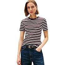 Tommy Hilfiger Donna T-Shirt Maniche Corte Slim Cody Scollo Rotondo, Multicolore (Deep Burgundy, Ecru STP), 3XL