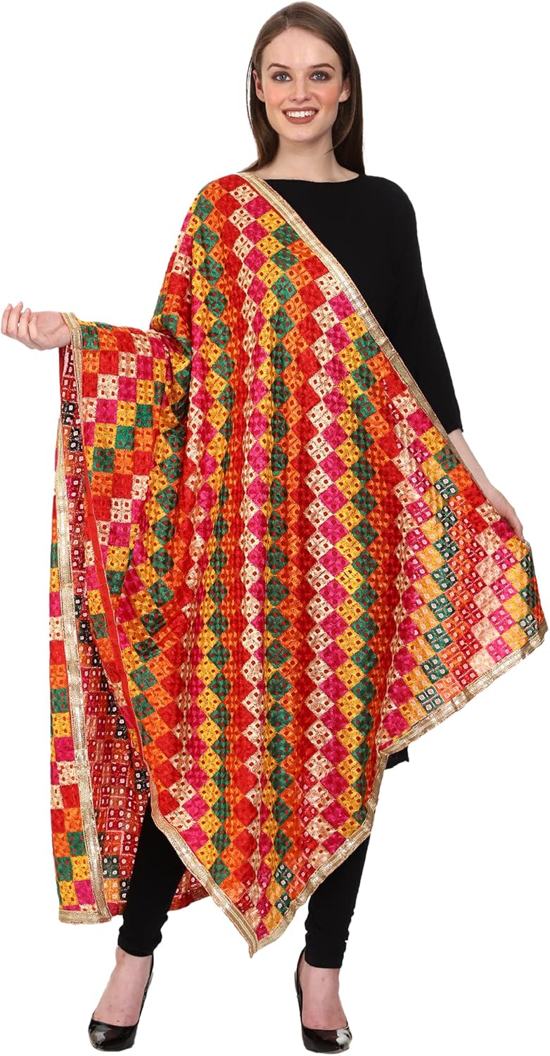 Women's Embroidered Phulkari Chiffon Dupatta Free Multicolour