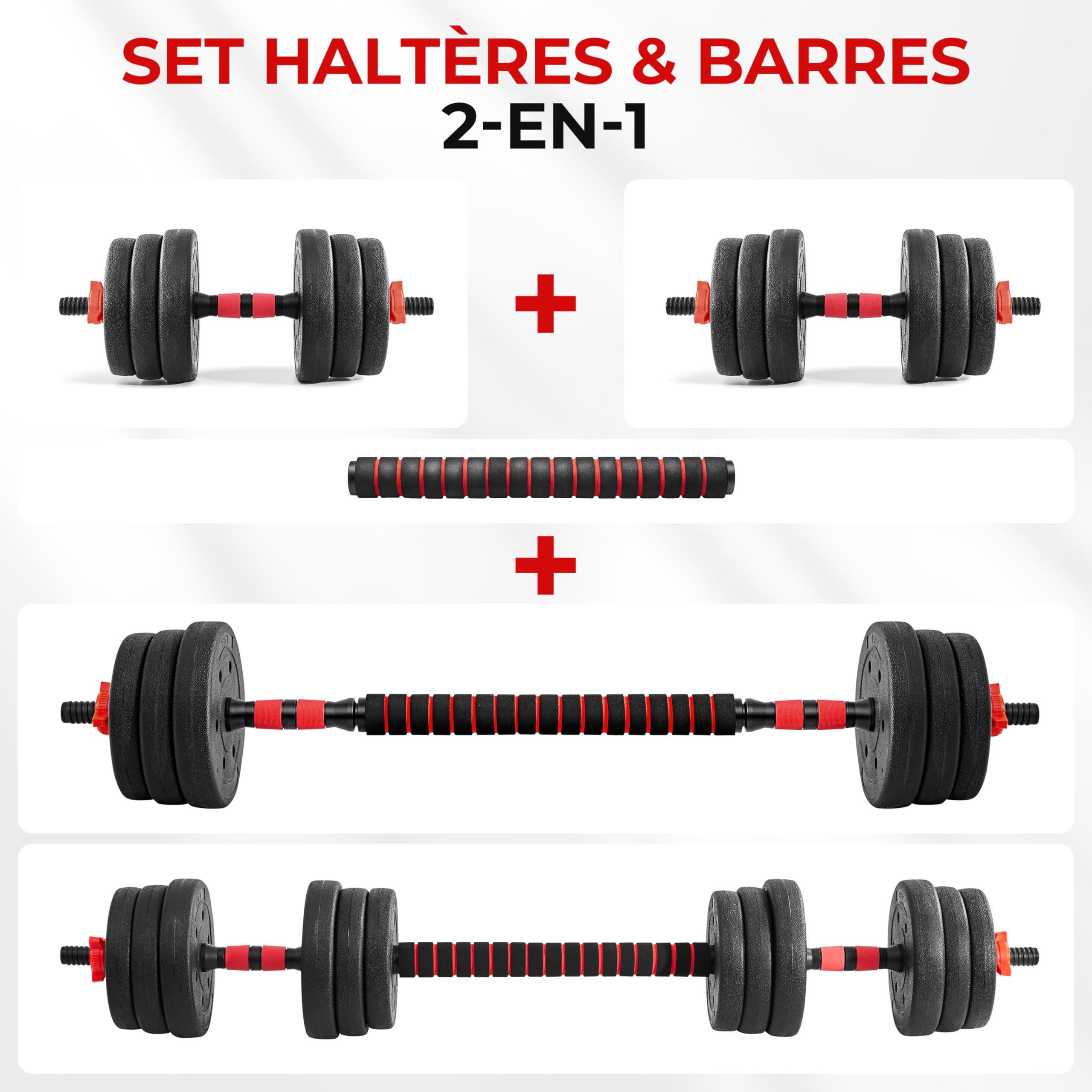 Yaheetech Kit Haltères Musculation 2 en 1 Poids 20 Kg, Haltères Réglables avec Barre et 12 Disques, Colliers à Double Verrouillage, Équipement de Musculation à la Maison, Noir