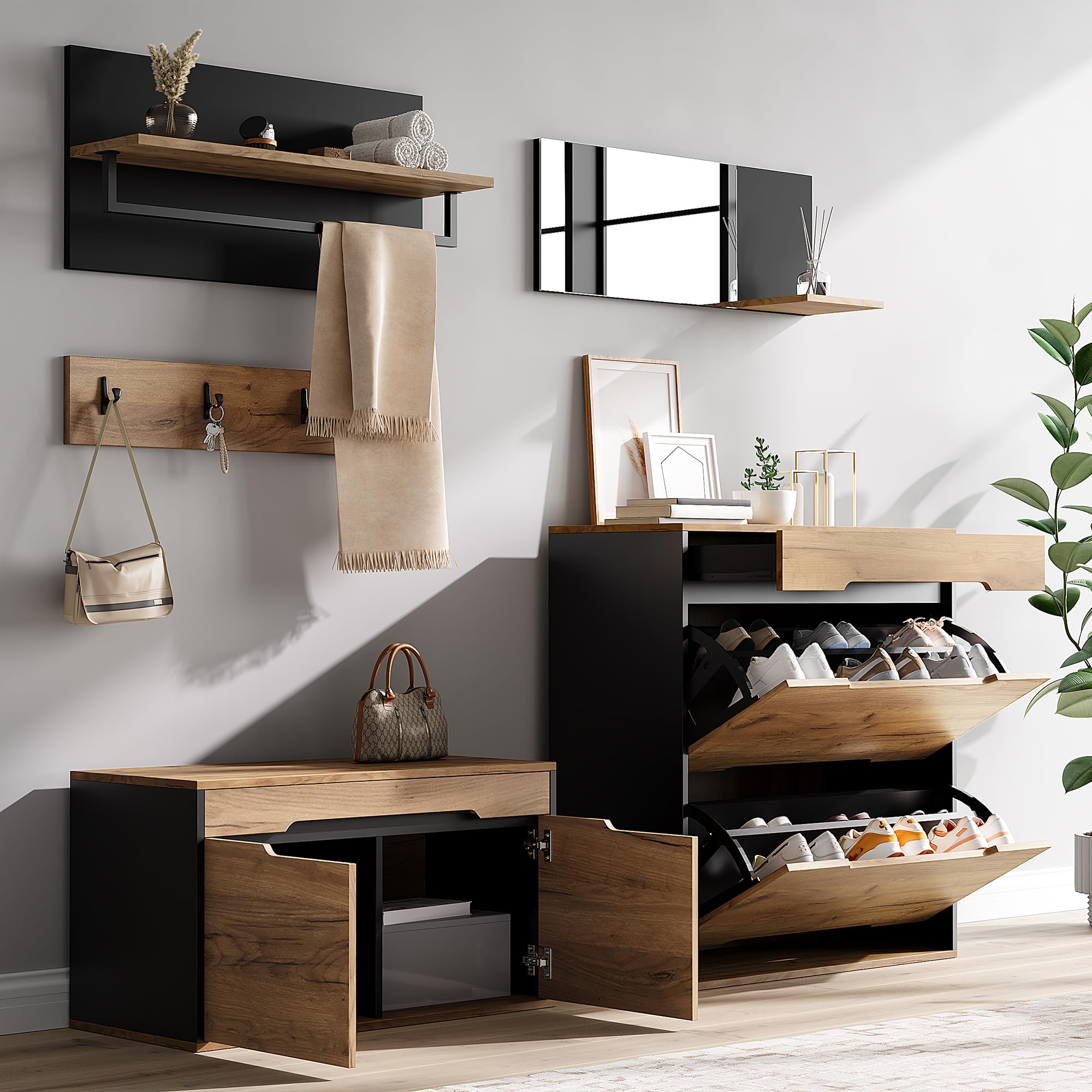 Garderobe Set Garderobenschrank mit Spiegel, Holzfarbe, 156x36x176 cm