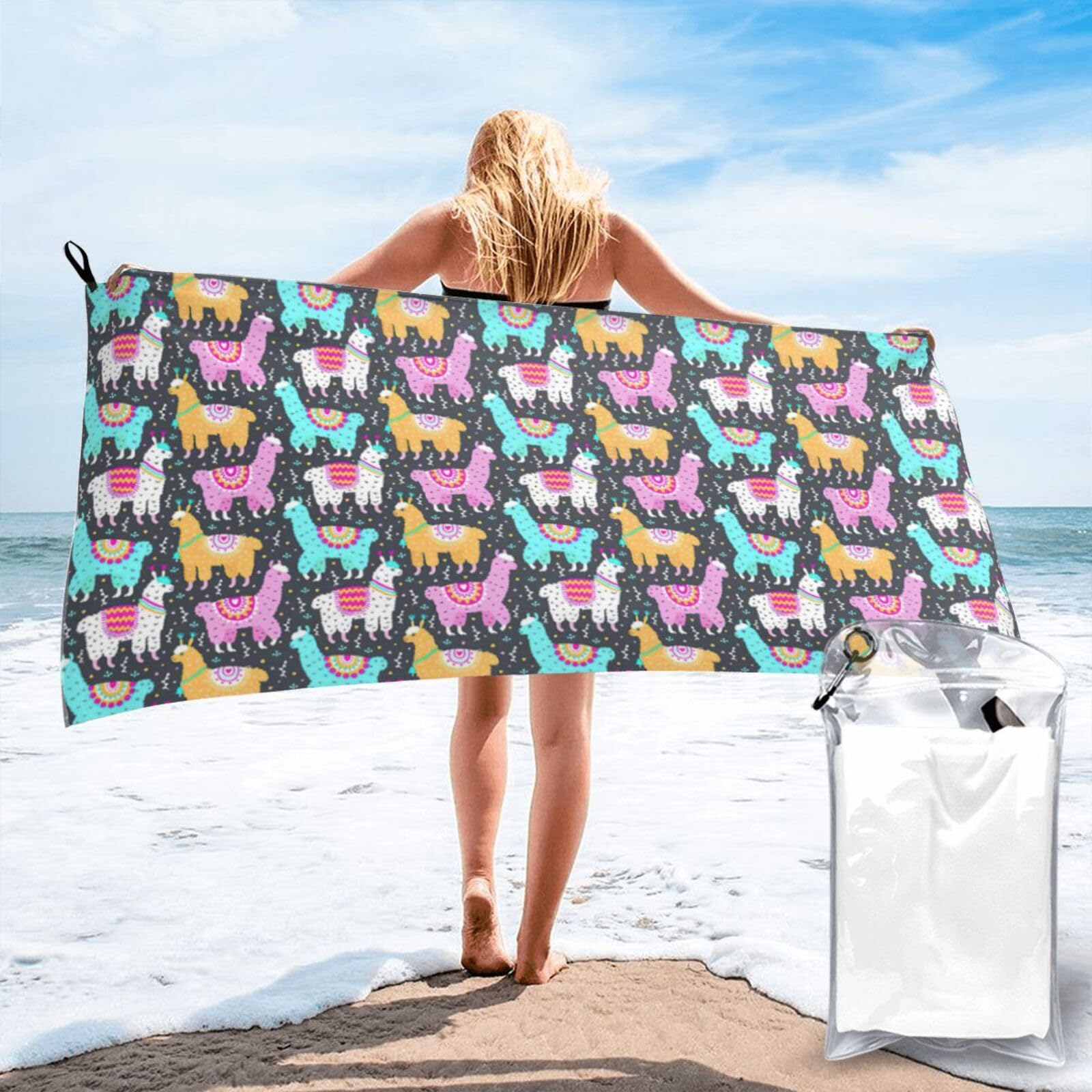 SDEGTHO Indian Alpaca Print Beach Towel Quick Dry Portable For Swimming Yoga Adults Fitness