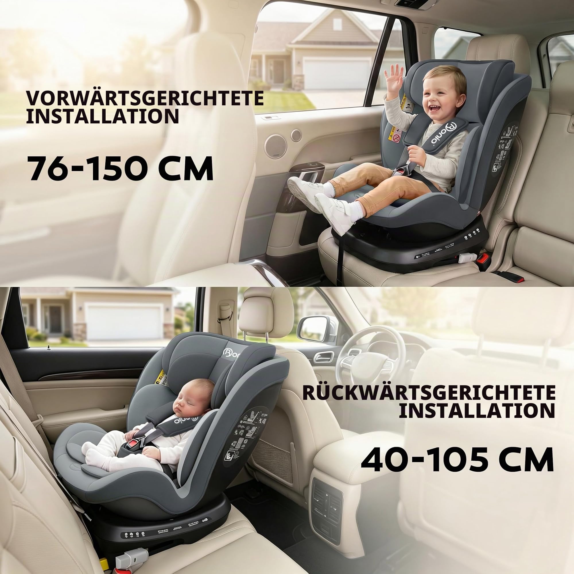 Bonio Kindersitz I-SIZE 40-150 cm 360 grad drehbar mit Isofix (Grau) | bis 105 cm Reboarder ab Geburt 0-12 Jahre, 0-36kg, 5 Sitz- und Ruhepositionen Praktisch