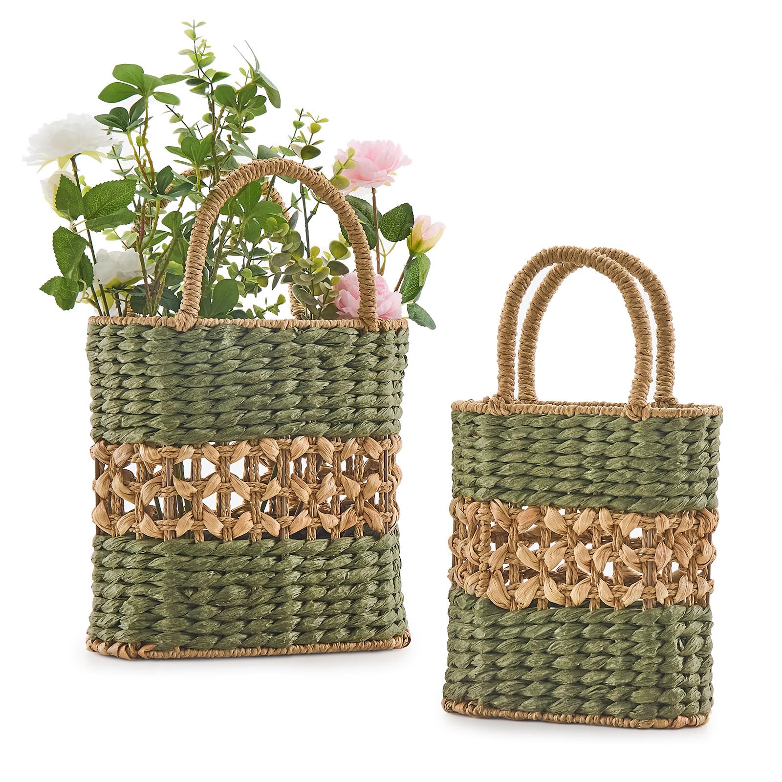 Natural Water Hyacinth Shelf Basket Set of 2, Handwoven Storage Baskets with Handles for Hanging or Carrying, Perfect for Entryway, Hallway Décor, Picnic, Harvesting, Bread, Fruit, and Egg Storage