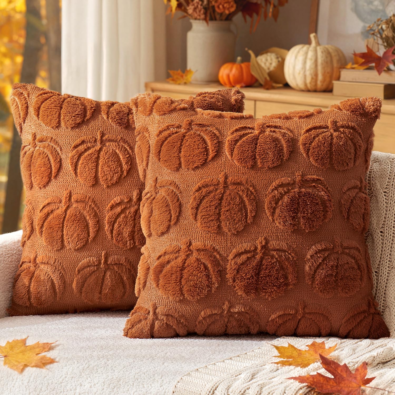 MIULEE 2er Set Kissenbezug Herbst Dekokissen Kissenhülle Sofakissen Wolle kürbis Ahornblatt Couchkissen kuschelkissen Halloween