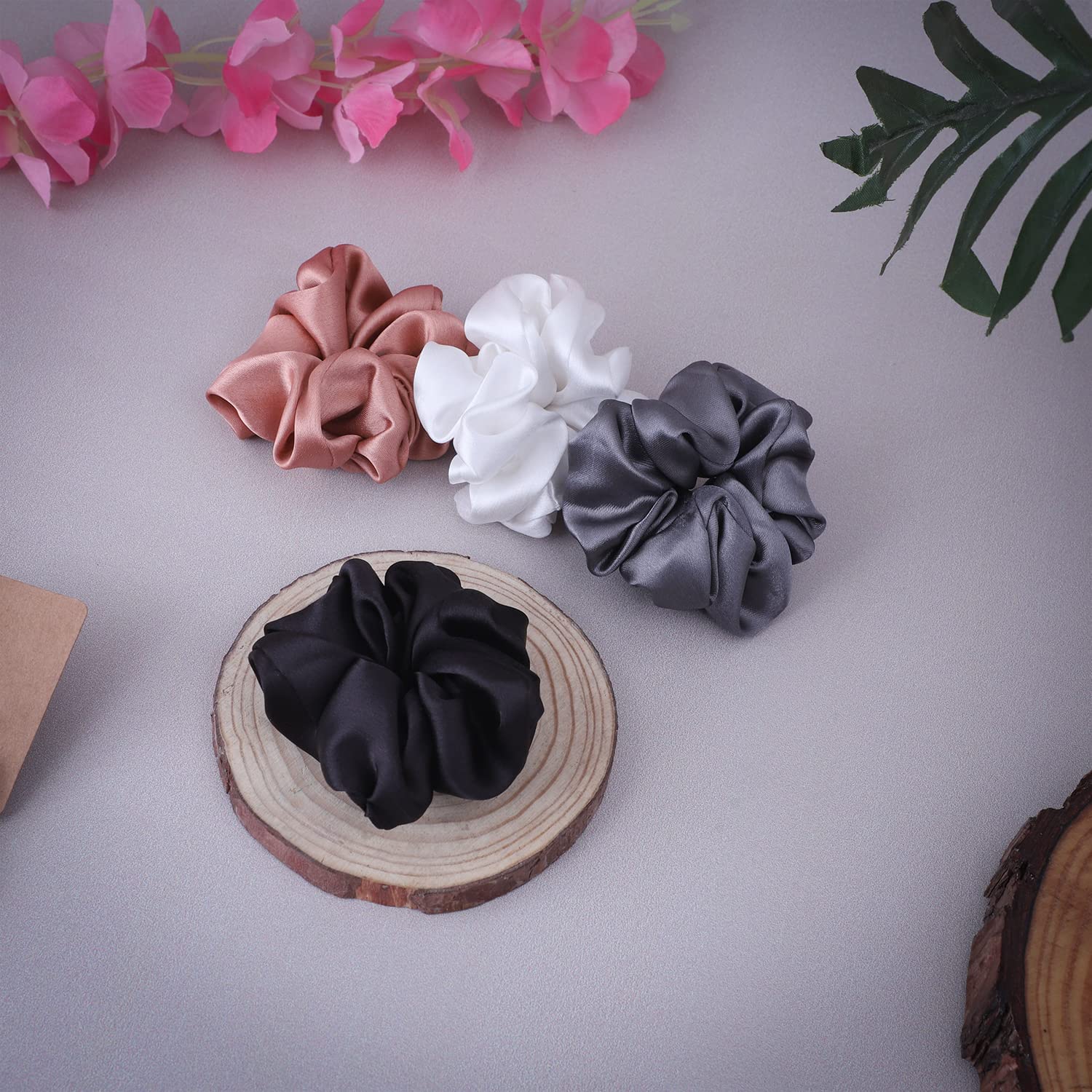 AP SALES Satin Hair Scrunchies for Women and Girls Ties Bands Pack of 4 | Black Grey White Special Wine | USA Multiple Pack|Scrunchy With Elastic Band (TYPE-A) 1