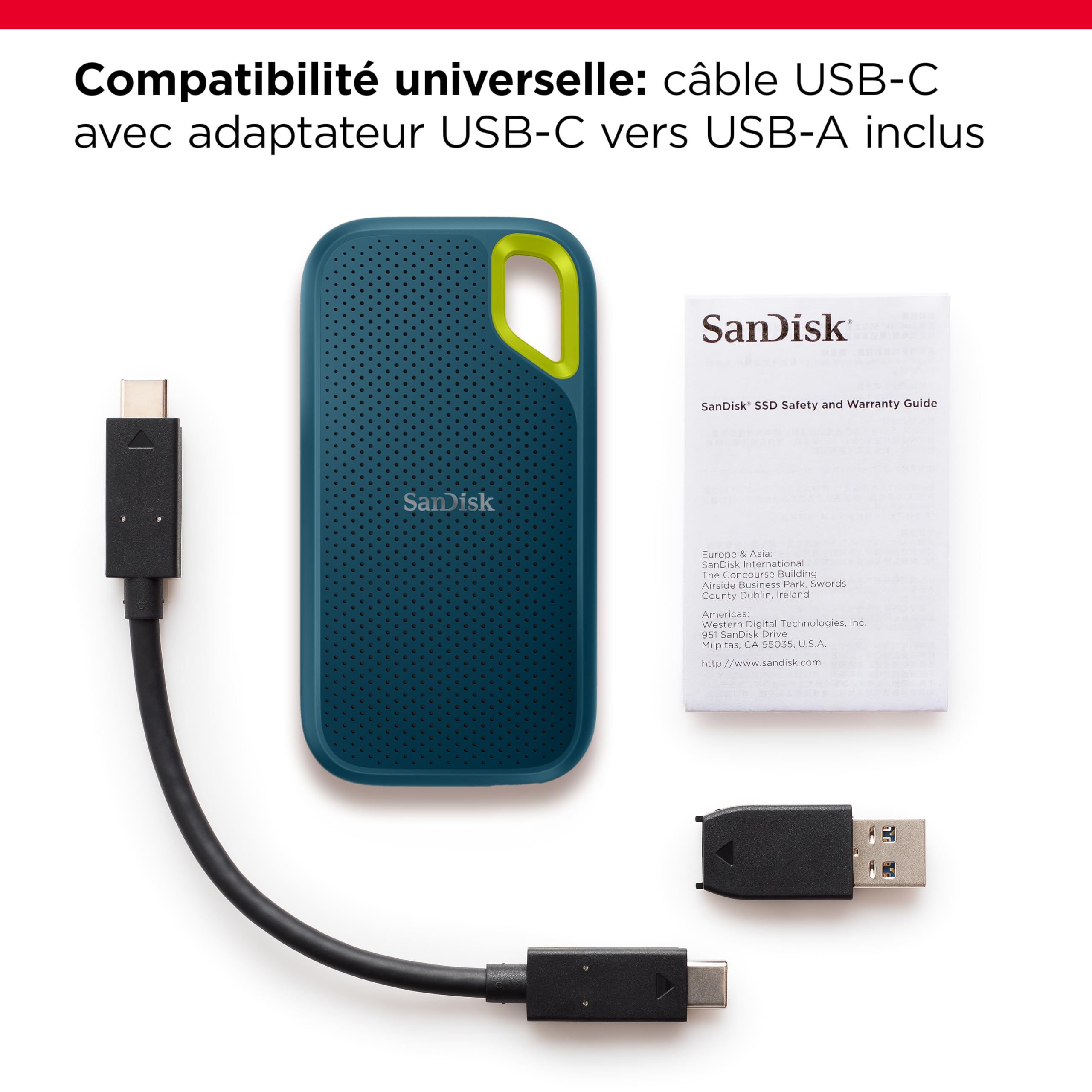 SANDISK Extreme Disque SSD Externe 1 To (jusqu'à 1050 Mo/s en lecture, 1000 Mo/s en écriture, USB-C, Portable NVMe, Résistance à la poussière et à l'eau classée IP65, Mousqueton pratique)Monterey | SSD externe, compatible PC et Mac, résistance à l'eau et