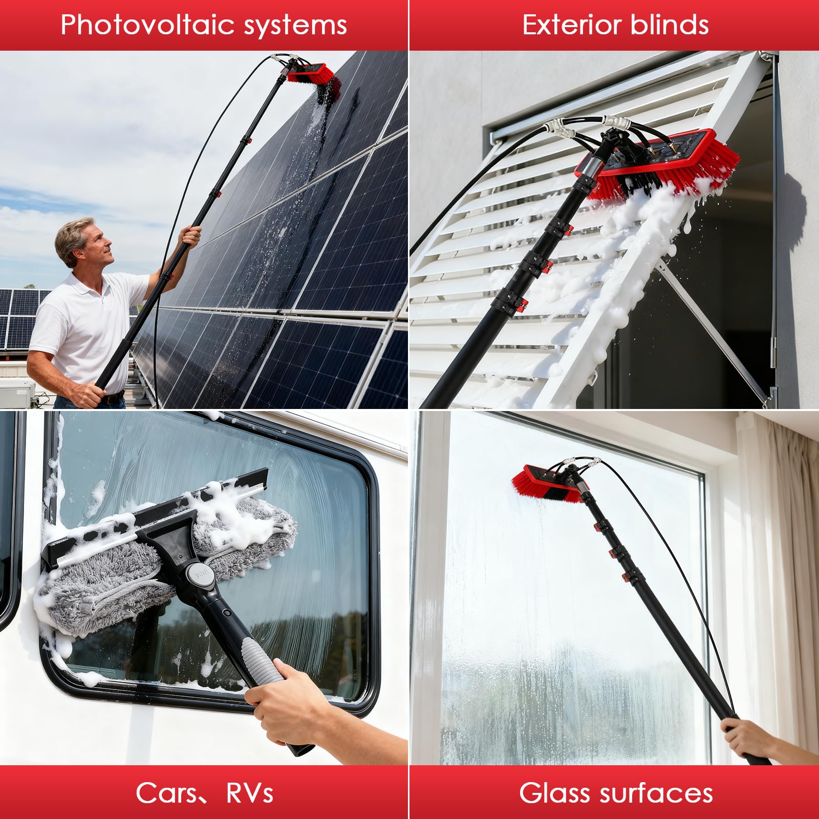 Spazzola di lavaggio telescopica 4 in 1, 7,2 m, per fotovoltaici, finestre, camper e tetti – asta telescopica e spazzola telescopica, set di pulizia con attacco dell'acqua, spazzola per la pulizia e