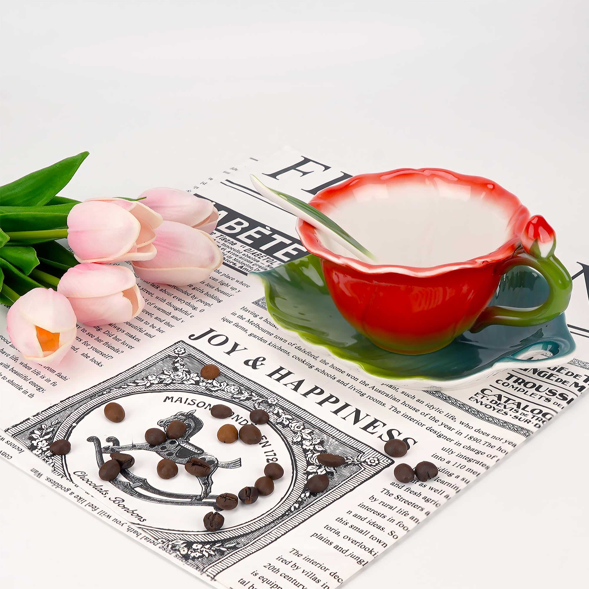 Juego de taza de té y platillo floral de rosa roja para mujer, taza de té de porcelana esmaltada de 5.6 onzas con cuchara