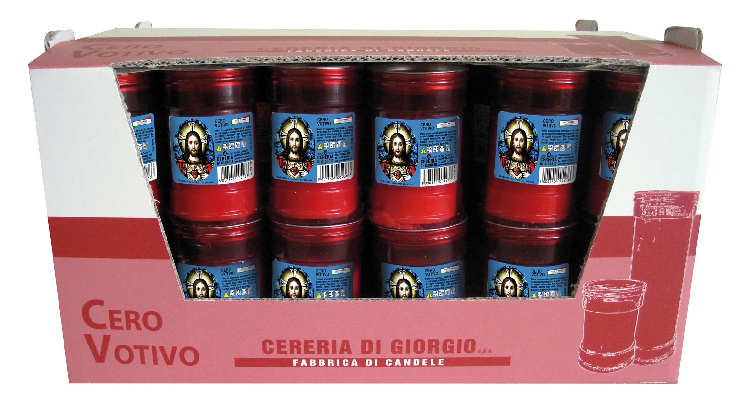 Cereria Di Giorgio - Confezione da 60 Ceri Votivi dedicati al Sacro Cuore - Modello P30 - Durata 32 Ore